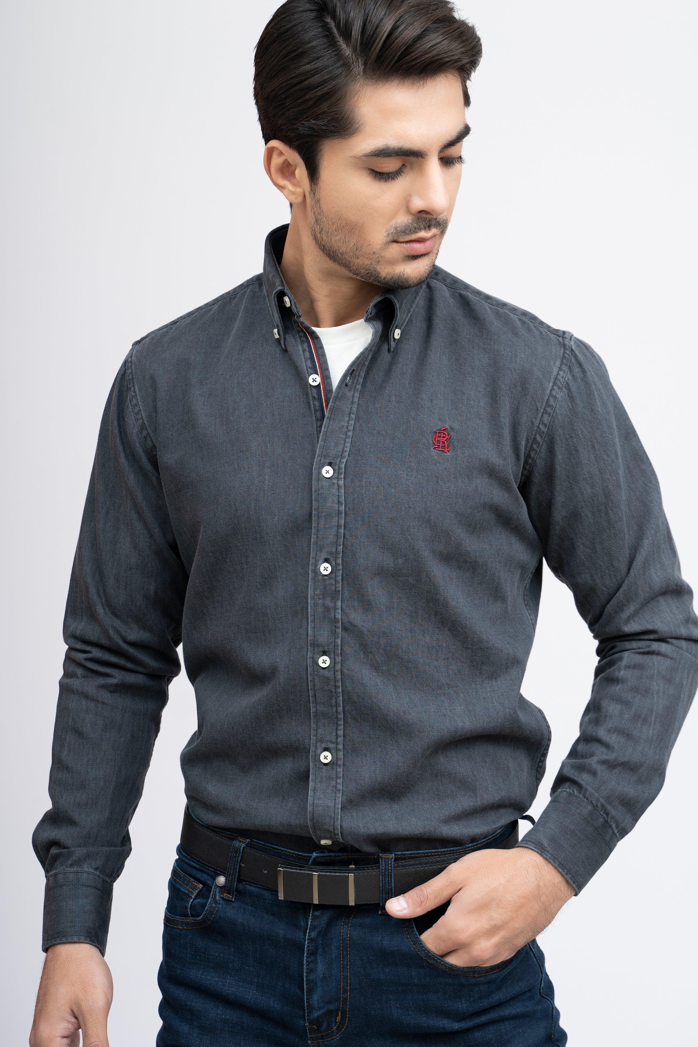 SEMI CASUAL DENIM SHIRT DARK GREY at Charcoal Clothing
