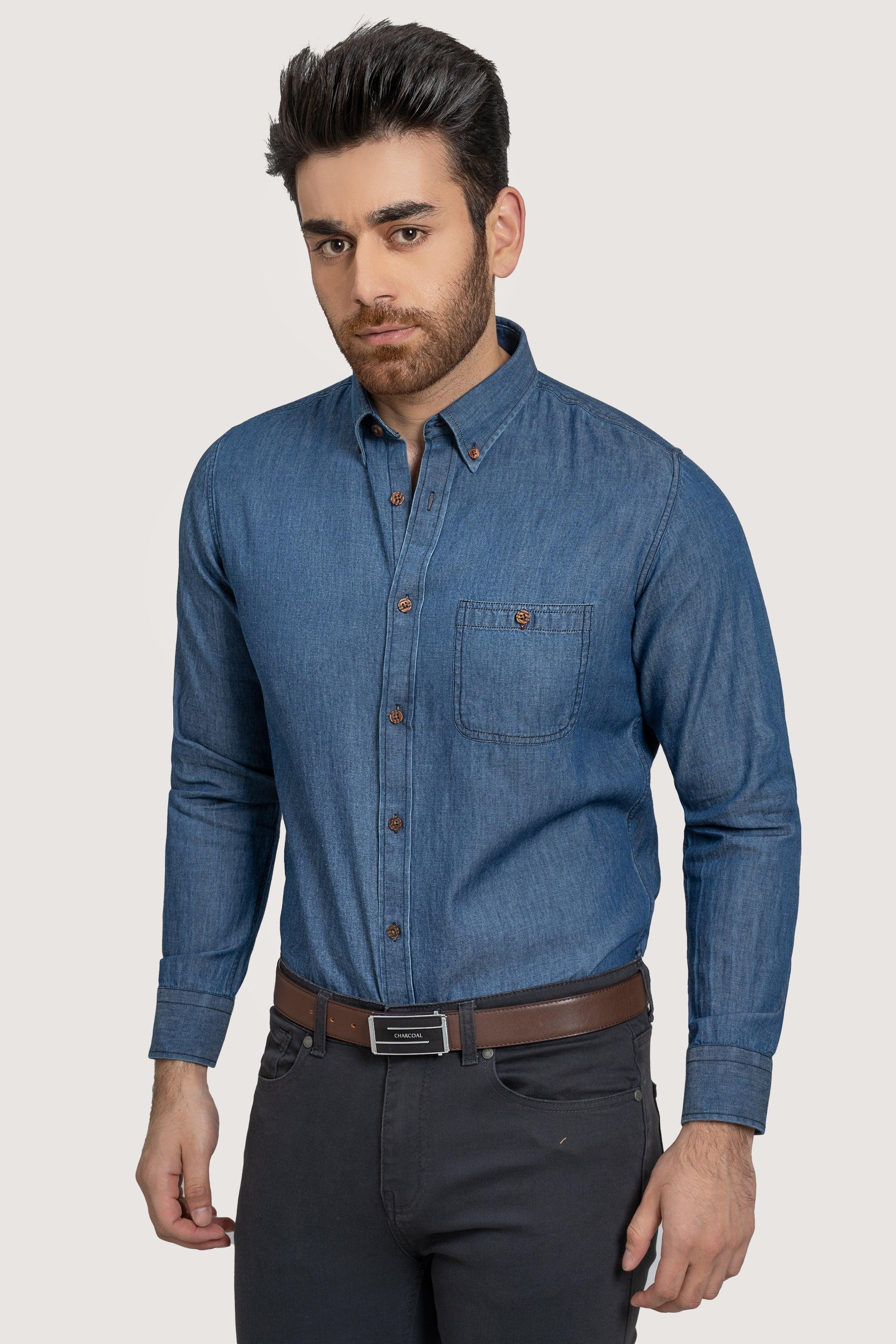SEMI CASUAL DENIM SHIRT LIGHT BLUE at Charcoal Clothing