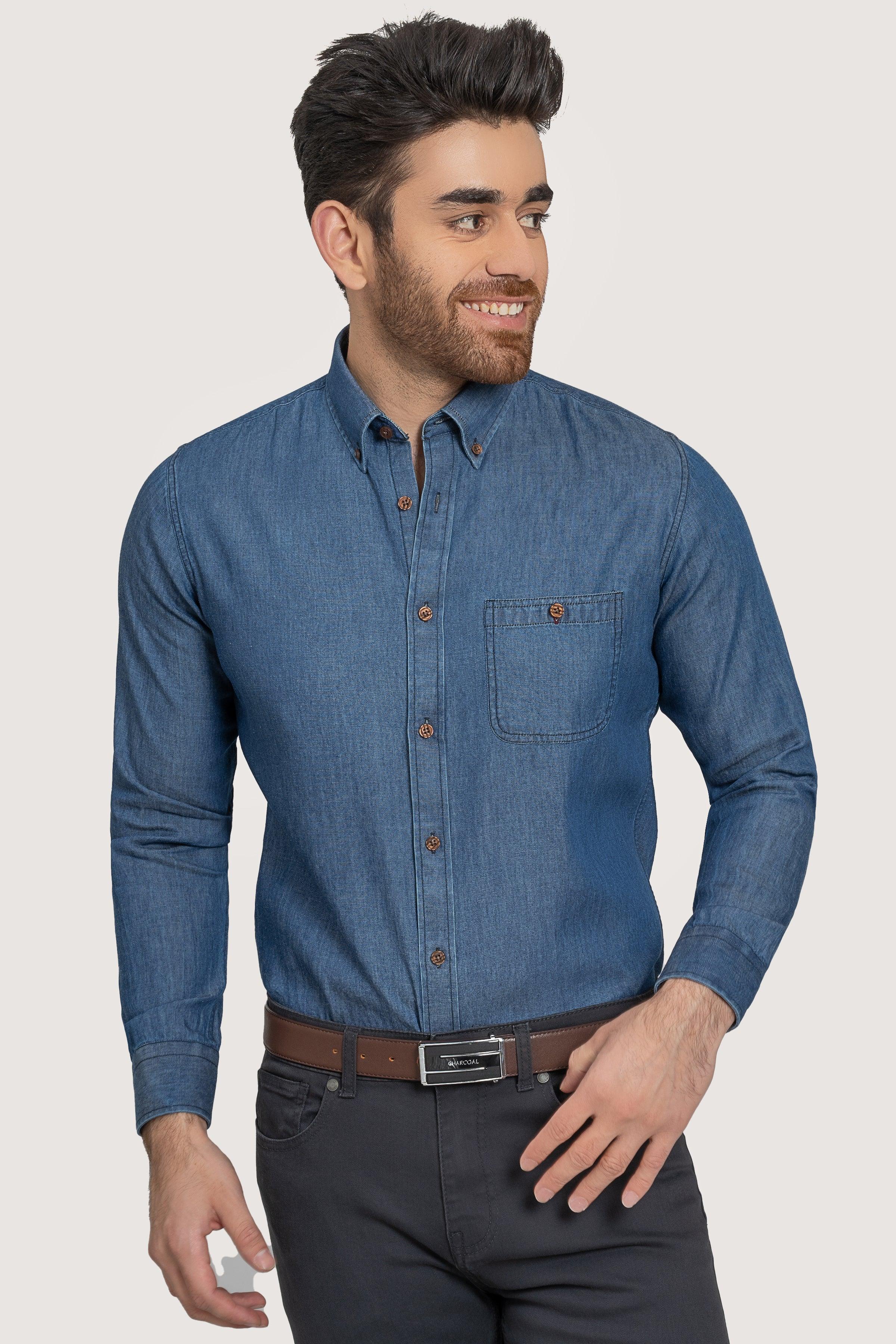 SEMI CASUAL DENIM SHIRT LIGHT BLUE at Charcoal Clothing