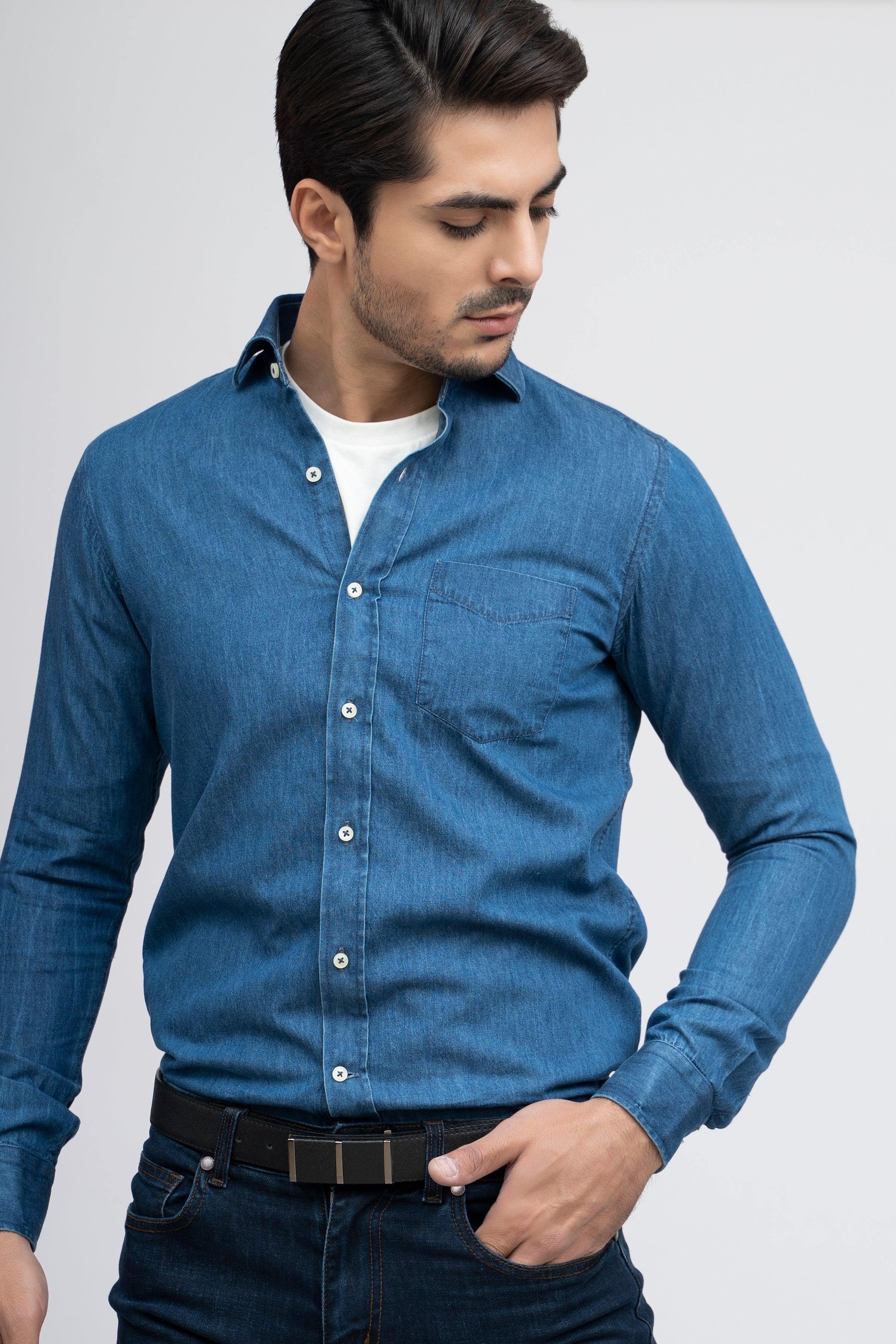 SEMI CASUAL DENIM SHIRT LIGHT BLUE at Charcoal Clothing