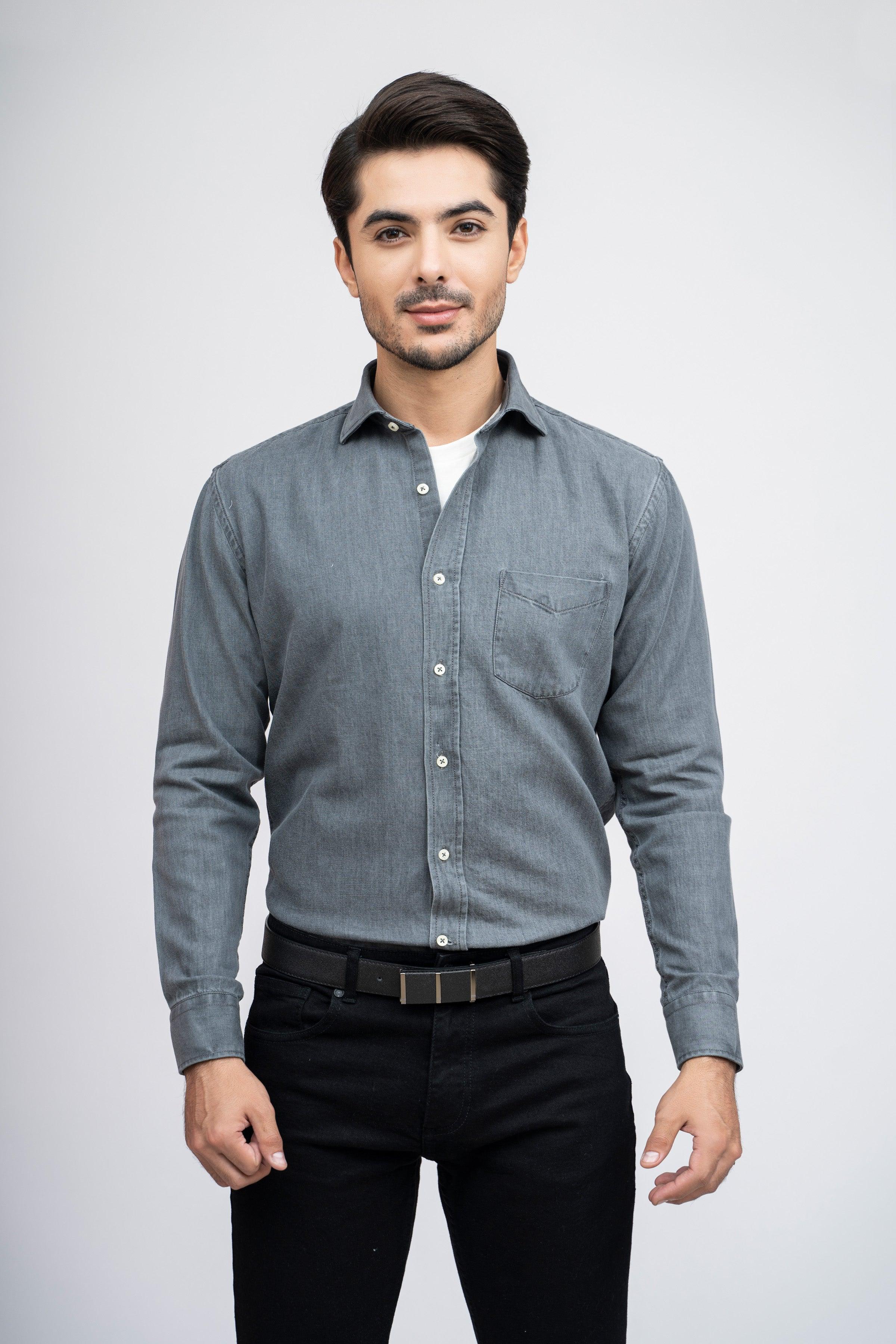 SEMI CASUAL DENIM SHIRTS LIGHT GREY at Charcoal Clothing