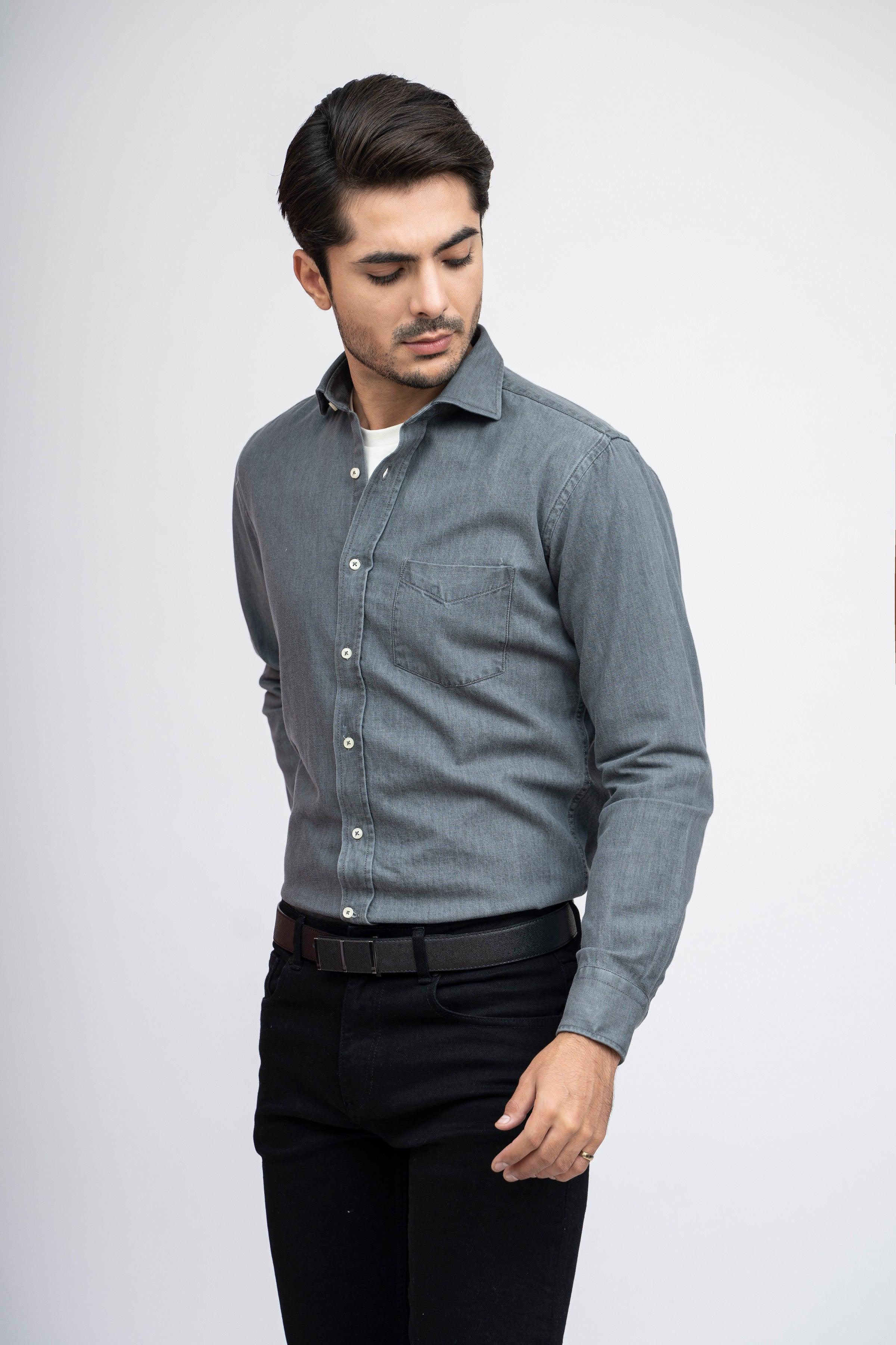 SEMI CASUAL DENIM SHIRTS LIGHT GREY at Charcoal Clothing