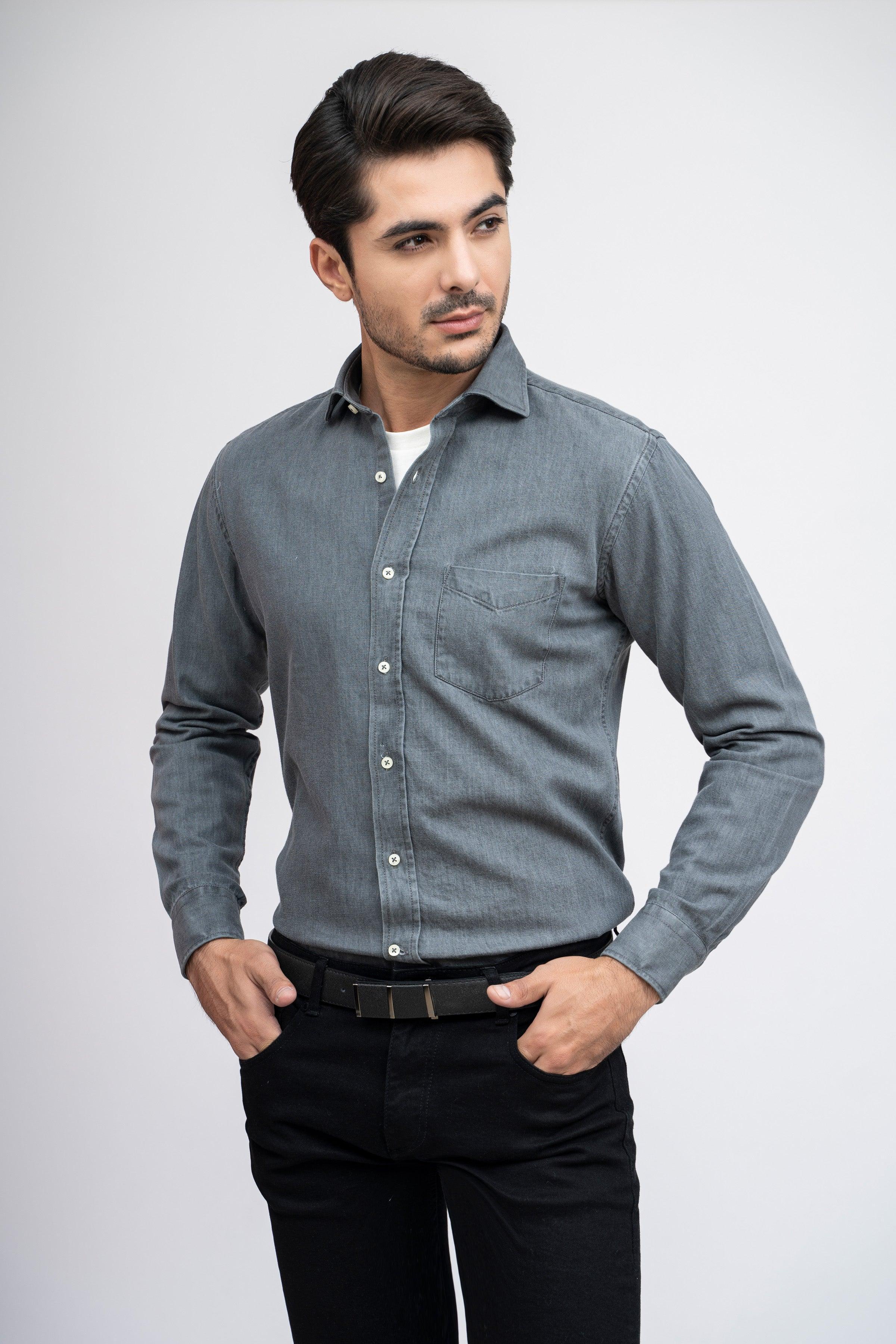 SEMI CASUAL DENIM SHIRTS LIGHT GREY at Charcoal Clothing