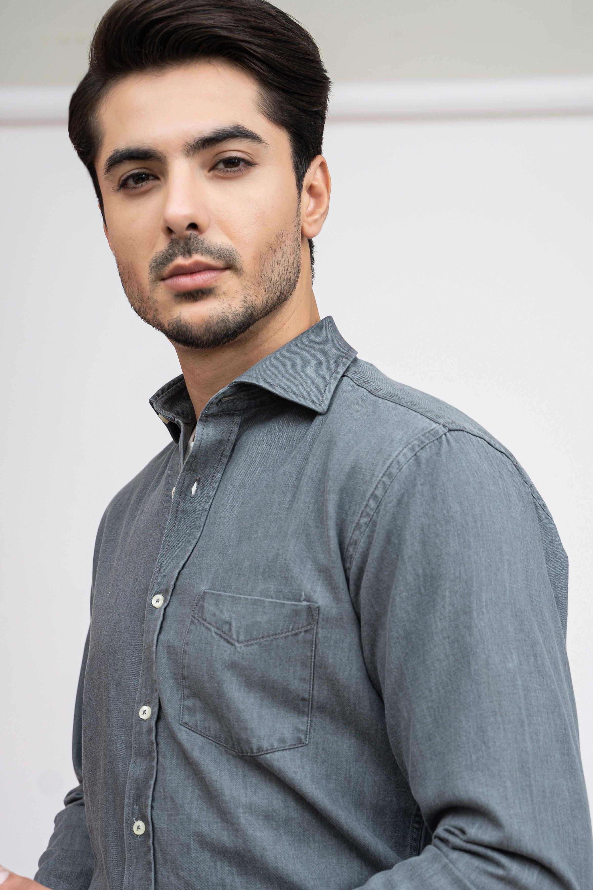 SEMI CASUAL DENIM SHIRTS LIGHT GREY at Charcoal Clothing