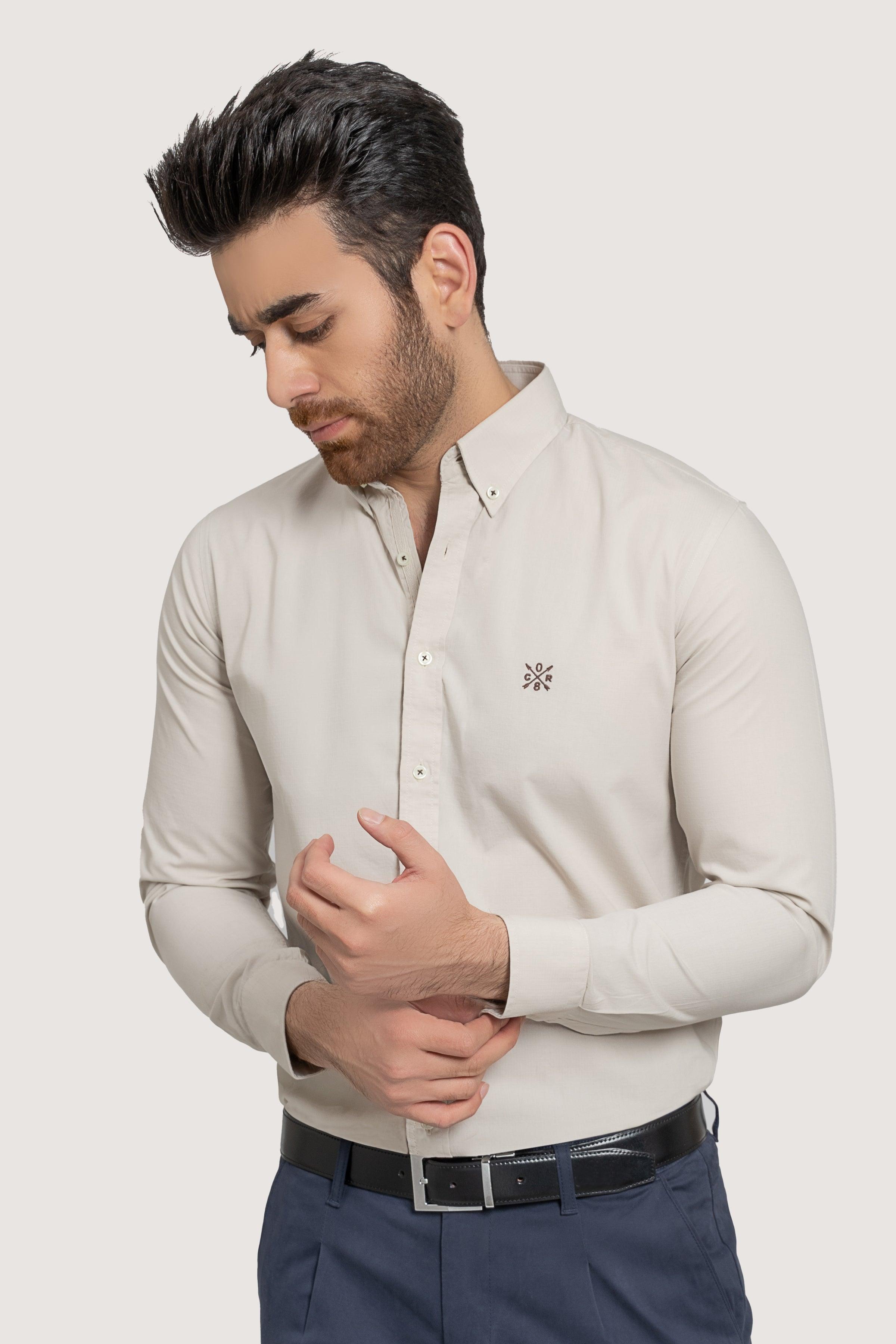 SEMI CASUAL GARMENT DYED SHIRT BEIGE at Charcoal Clothing