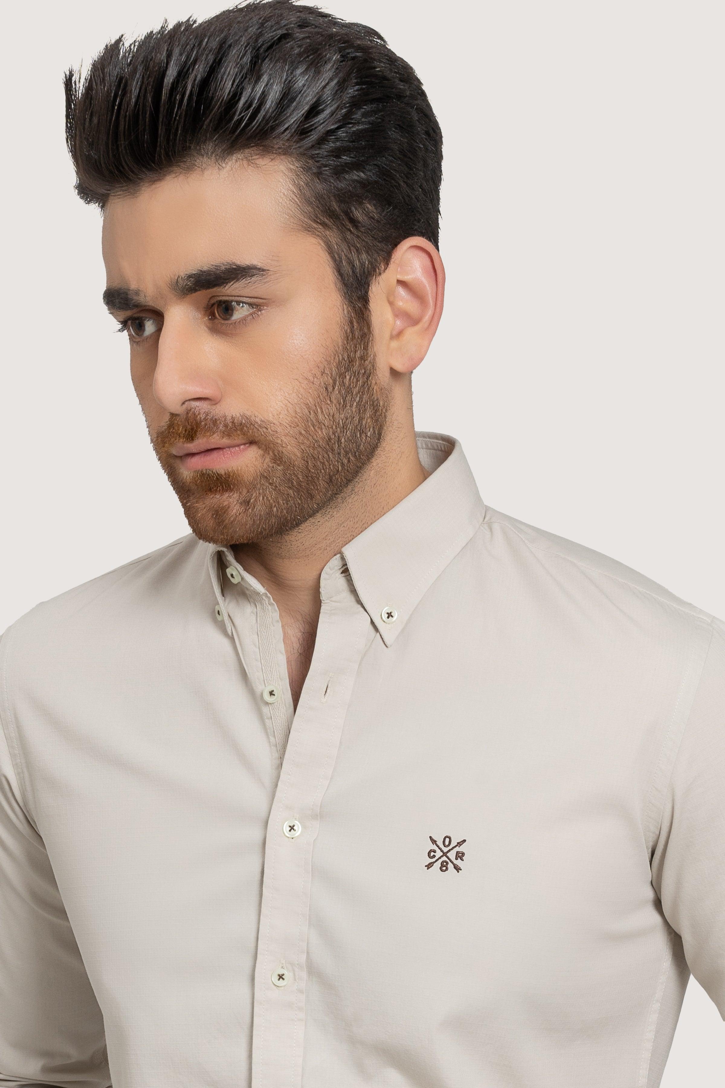 SEMI CASUAL GARMENT DYED SHIRT BEIGE at Charcoal Clothing