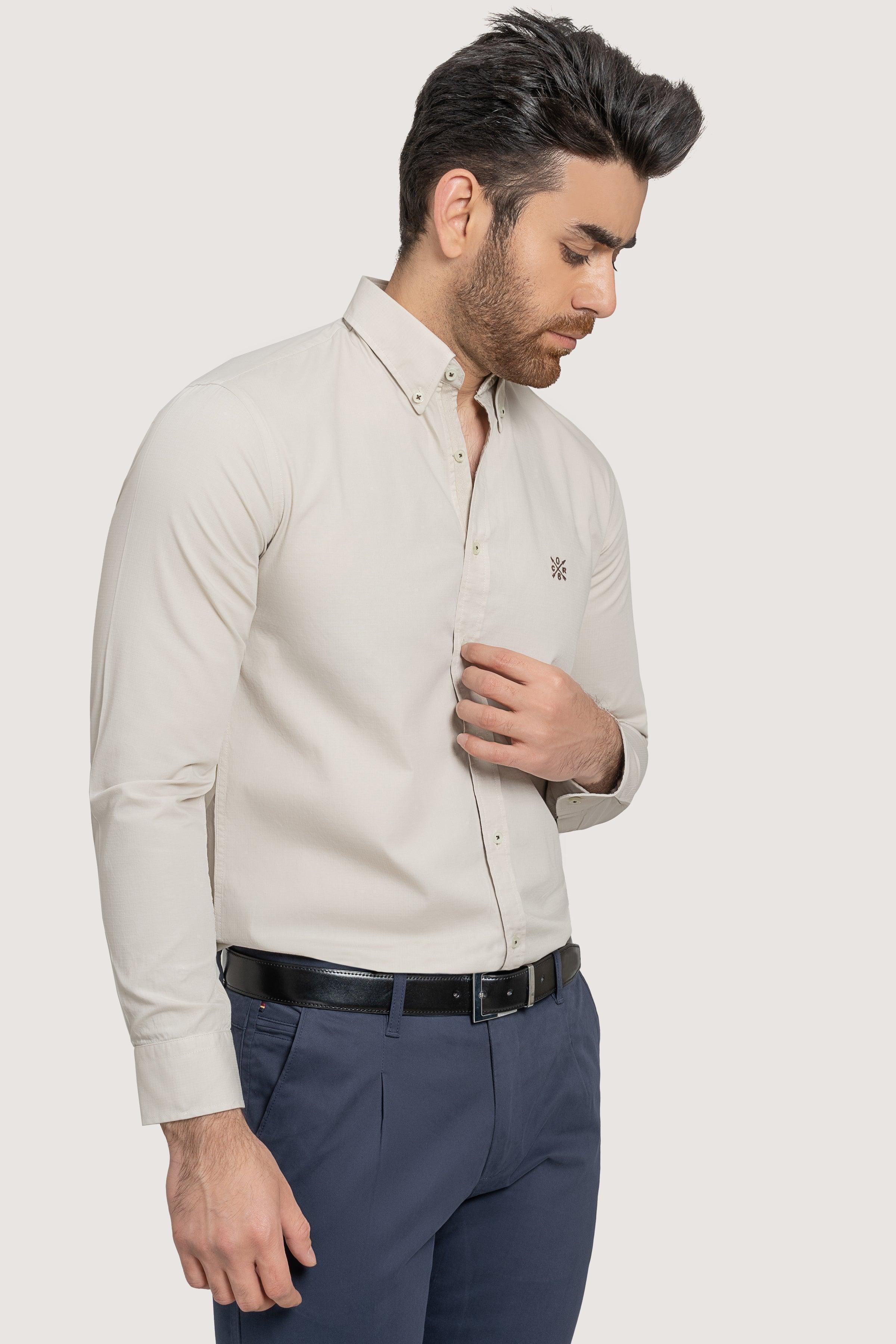 SEMI CASUAL GARMENT DYED SHIRT BEIGE at Charcoal Clothing