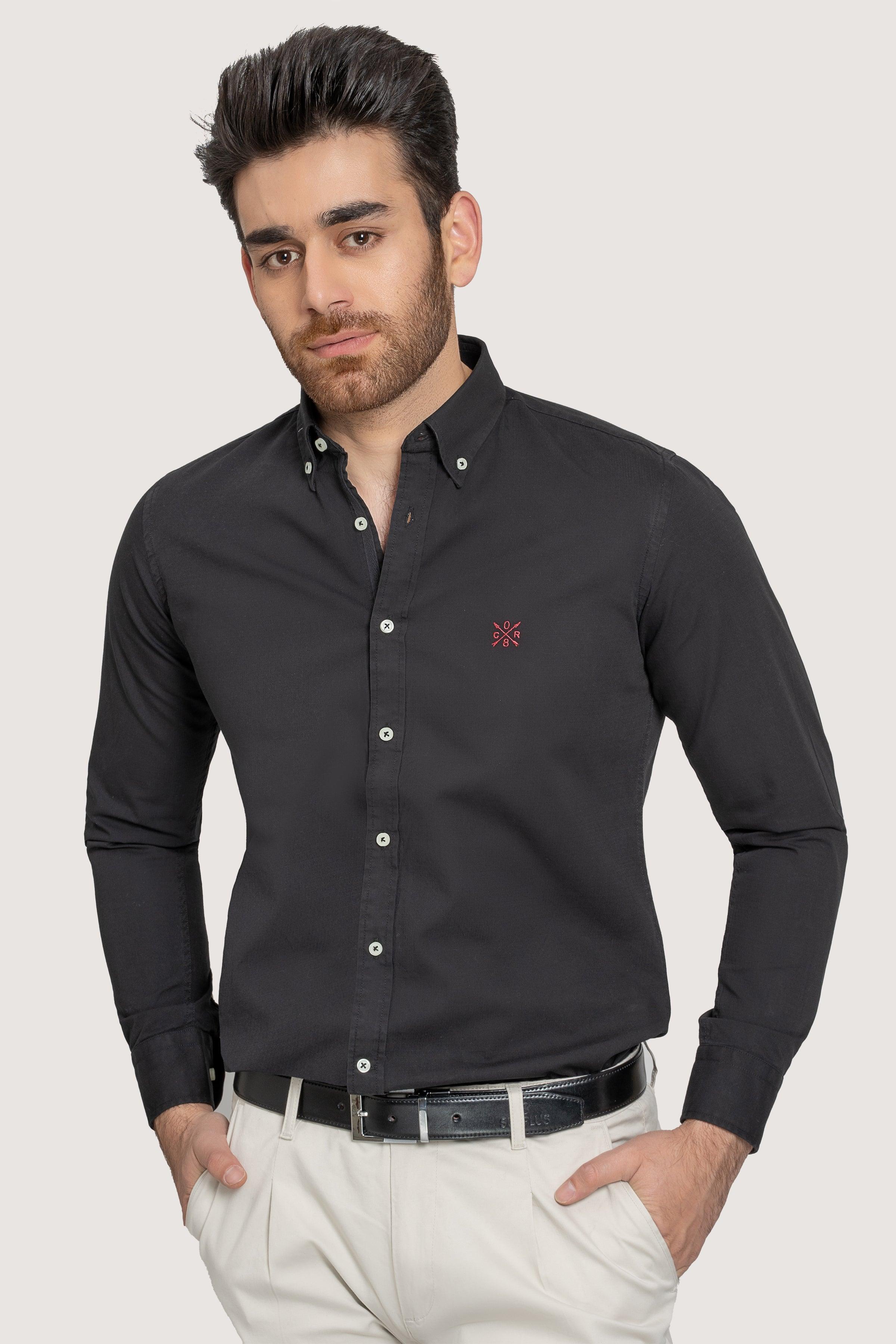 SEMI CASUAL GARMENT DYED SHIRT BLACK at Charcoal Clothing