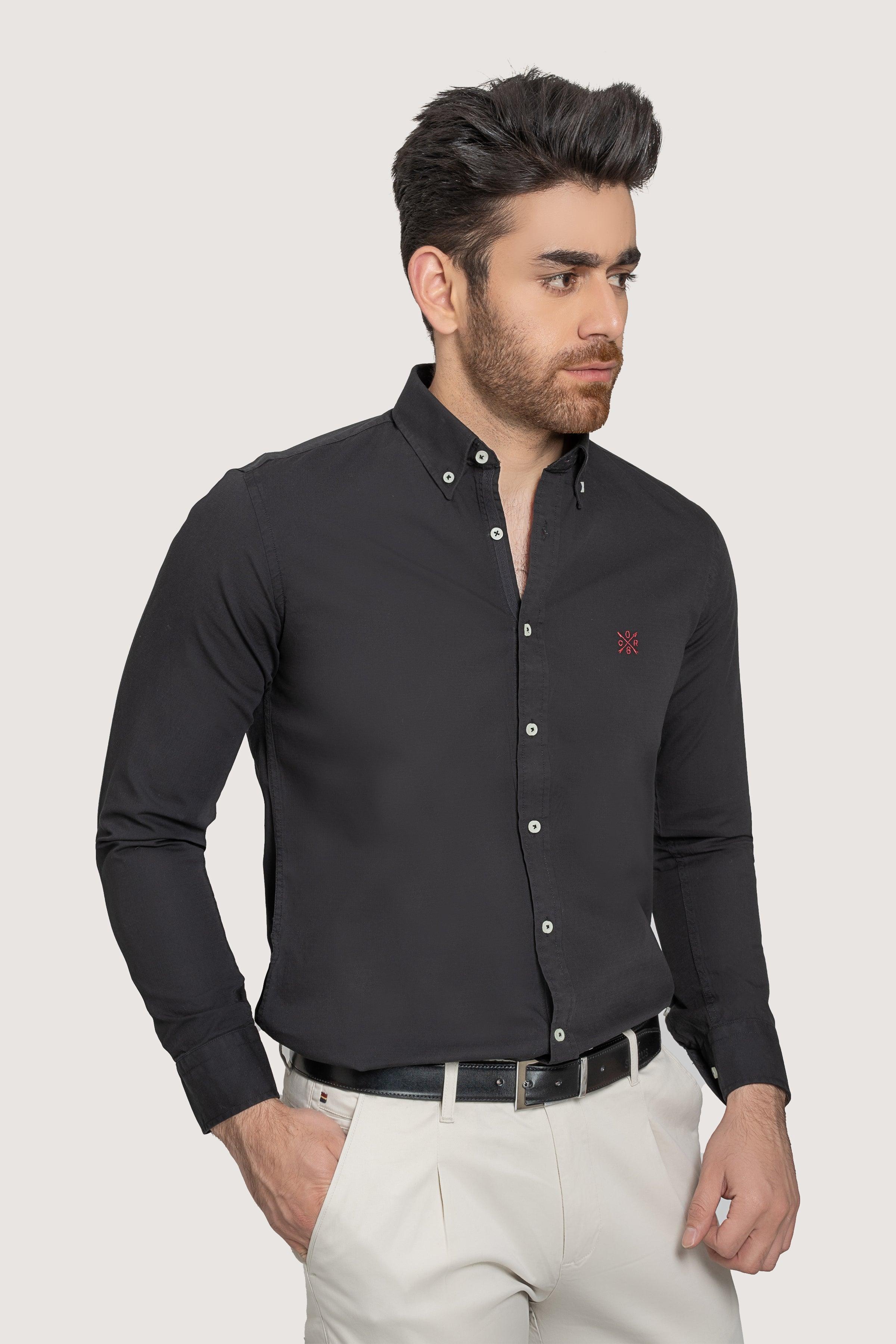 SEMI CASUAL GARMENT DYED SHIRT BLACK at Charcoal Clothing