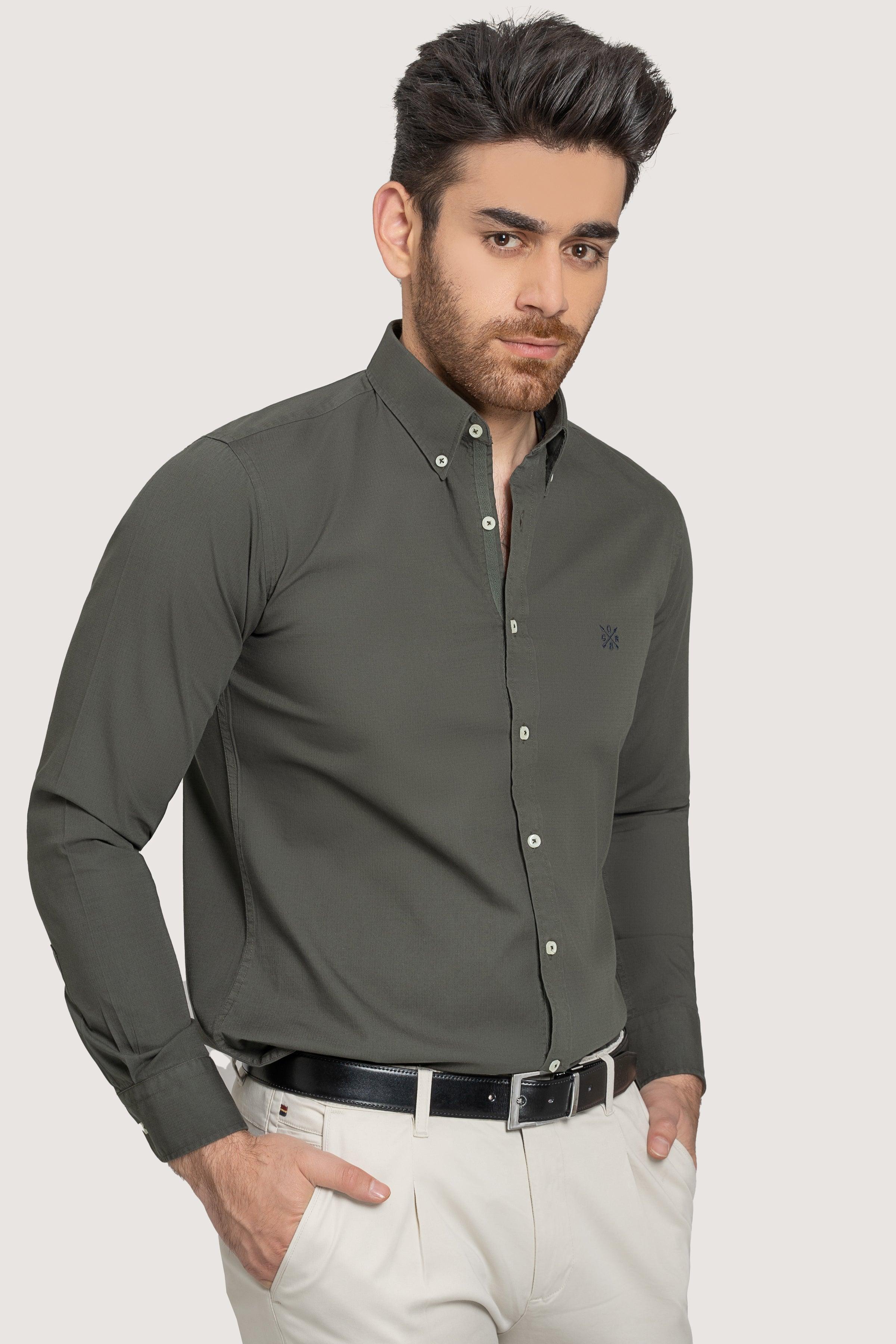 SEMI CASUAL GARMENT DYED SHIRT GREEN at Charcoal Clothing