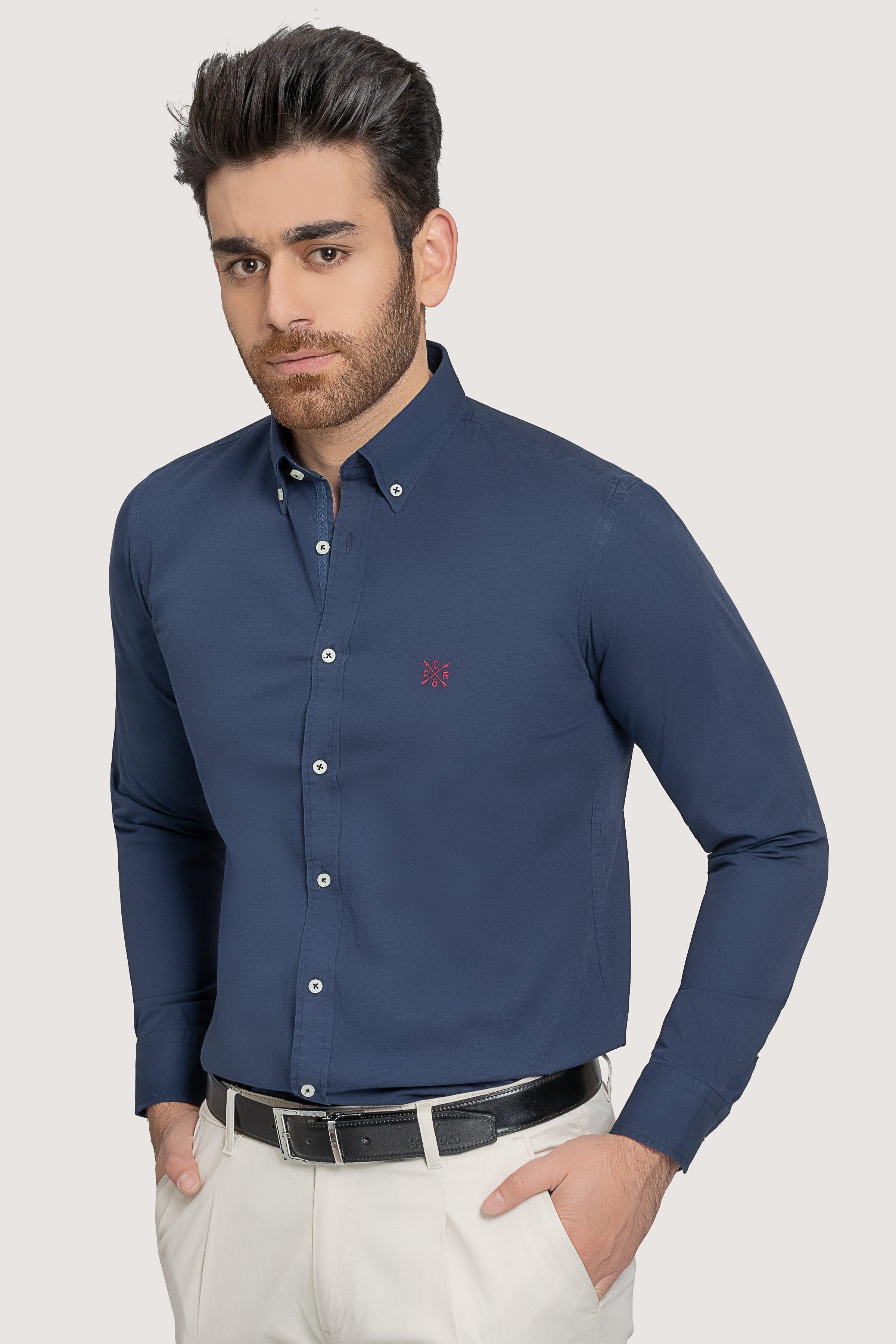 SEMI CASUAL GARMENT DYED SHIRT NAVY at Charcoal Clothing