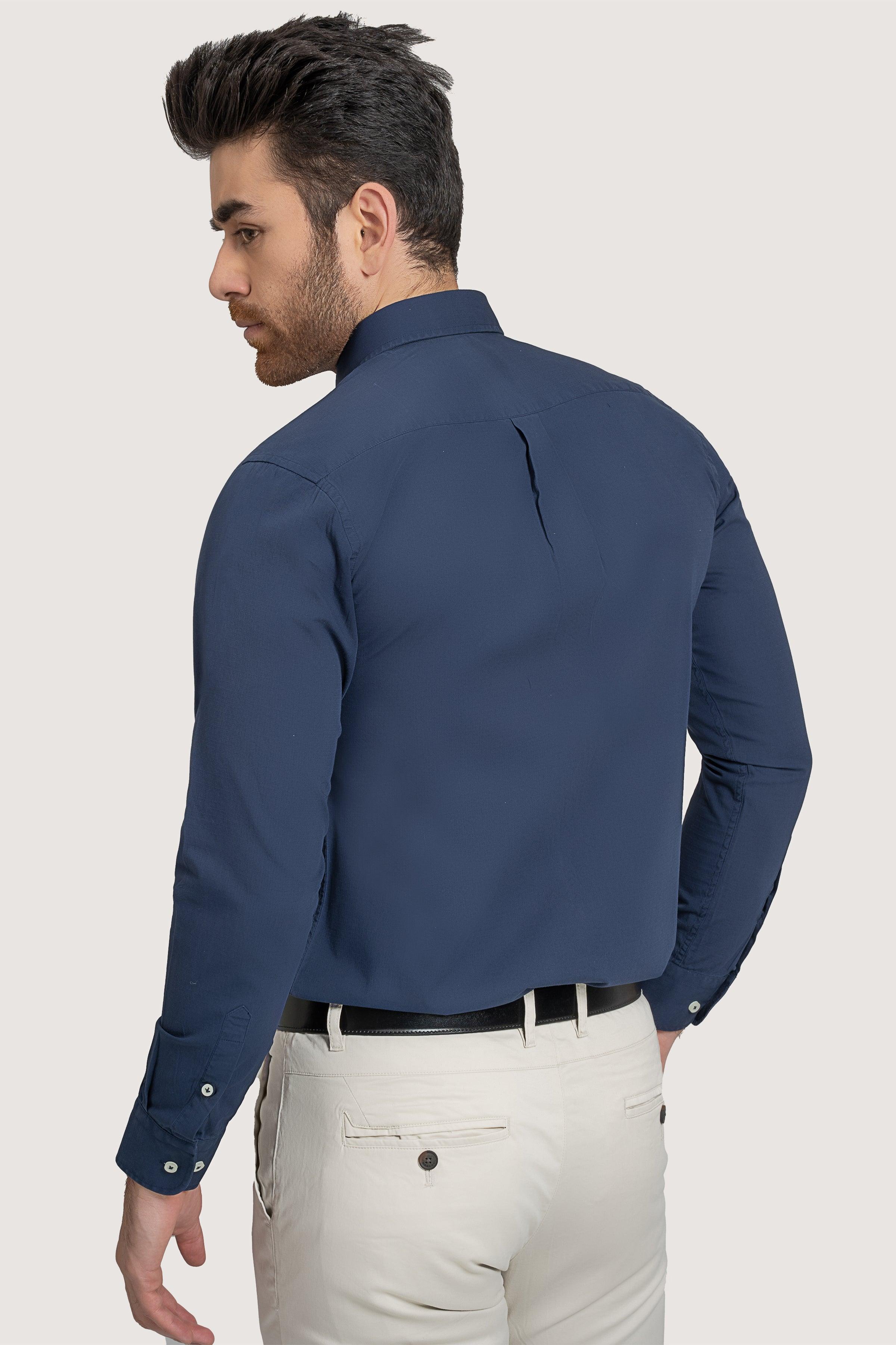 SEMI CASUAL GARMENT DYED SHIRT NAVY at Charcoal Clothing