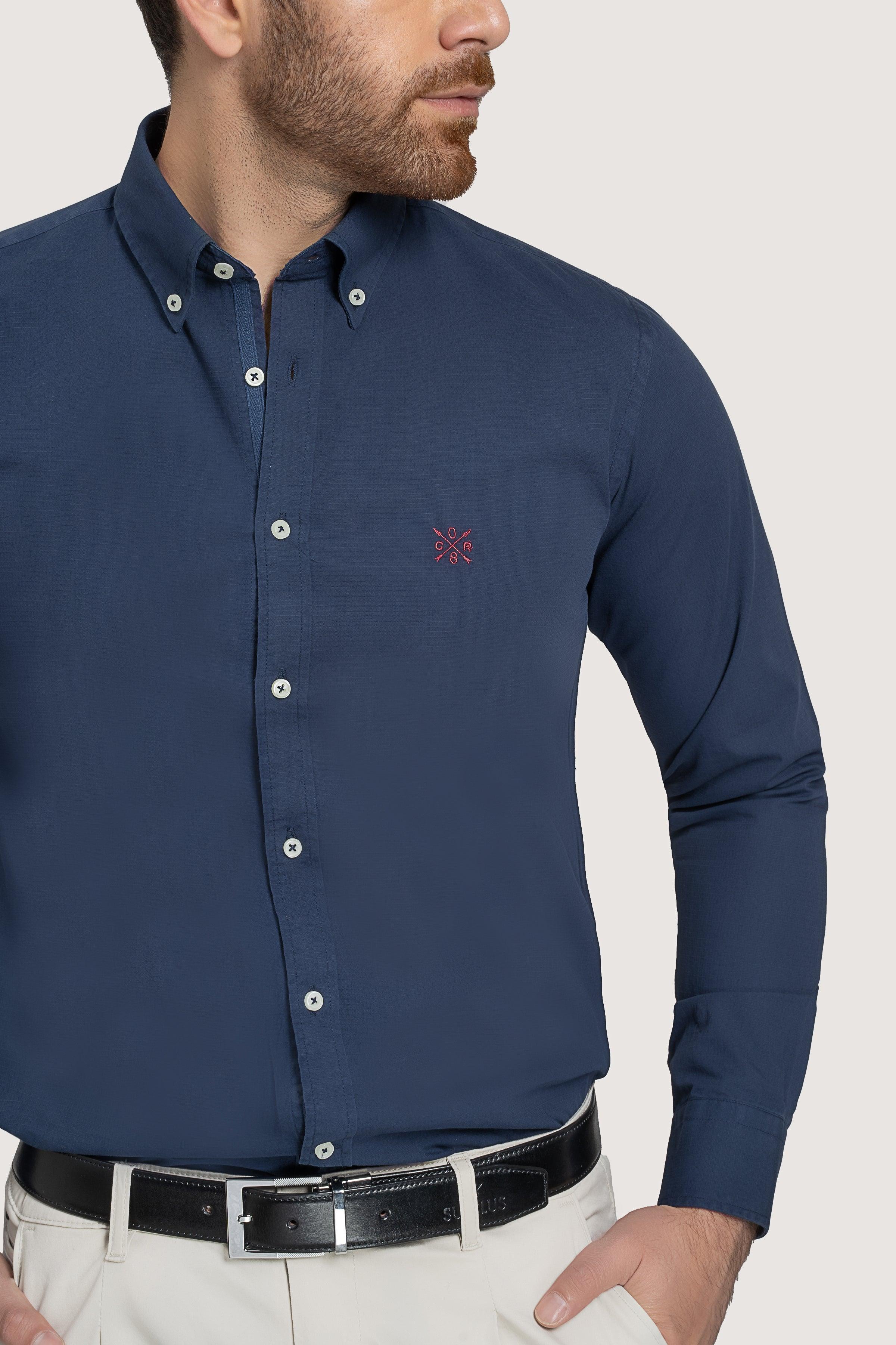 SEMI CASUAL GARMENT DYED SHIRT NAVY at Charcoal Clothing