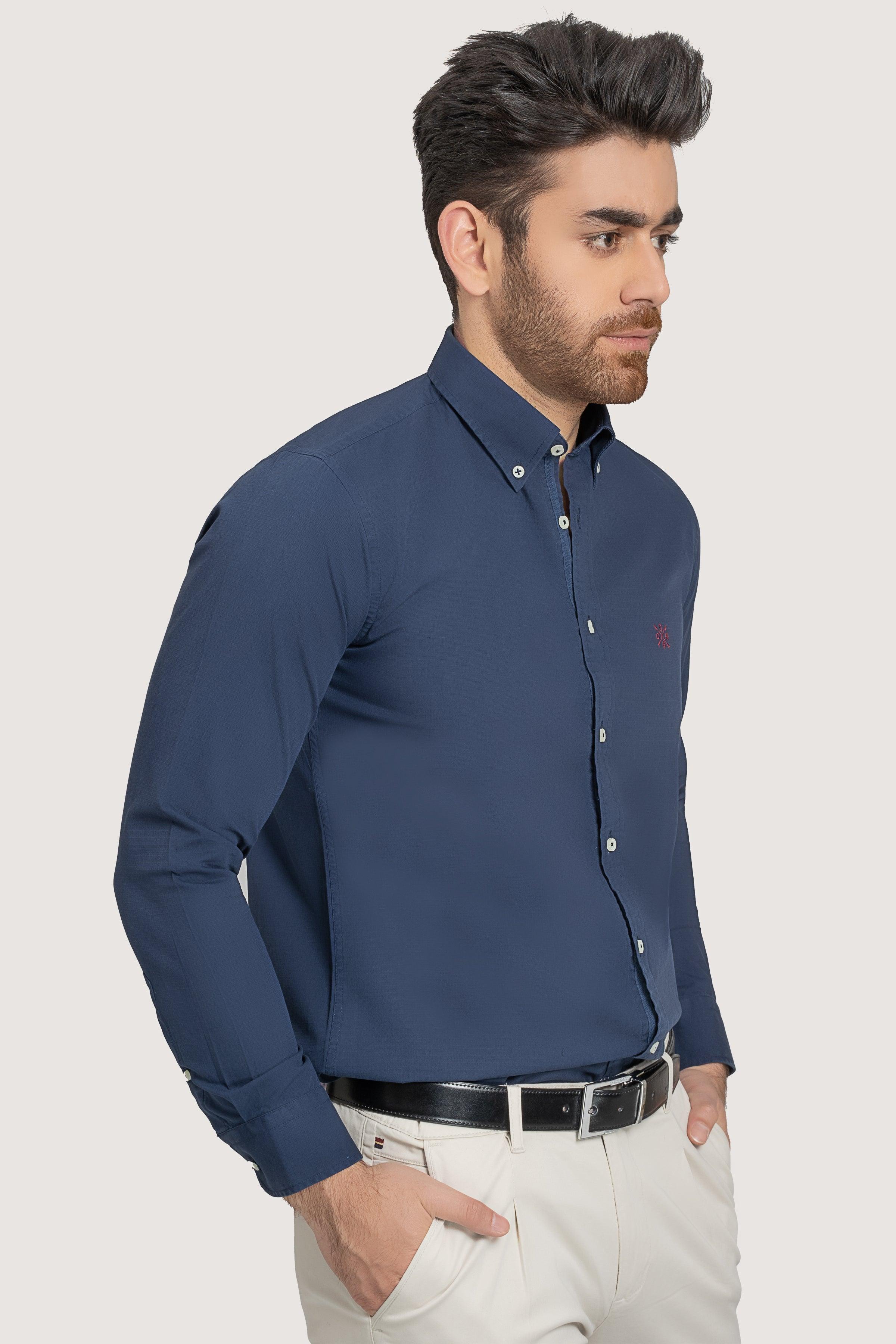 SEMI CASUAL GARMENT DYED SHIRT NAVY at Charcoal Clothing