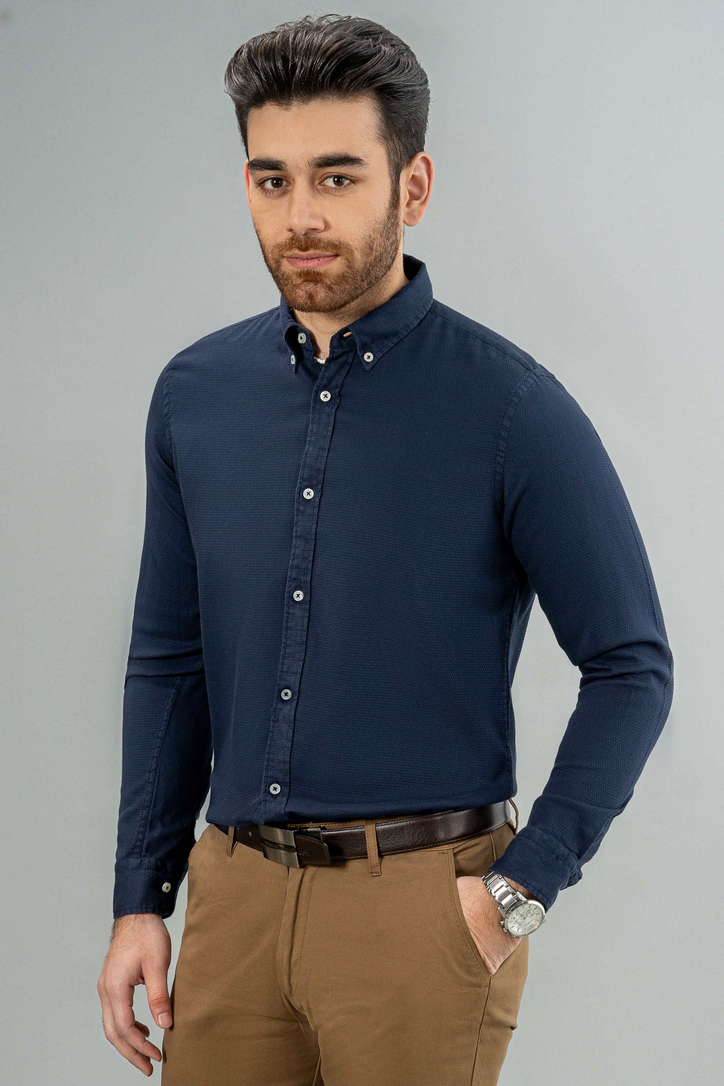 SEMI CASUAL SHIRT NAVY at Charcoal Clothing