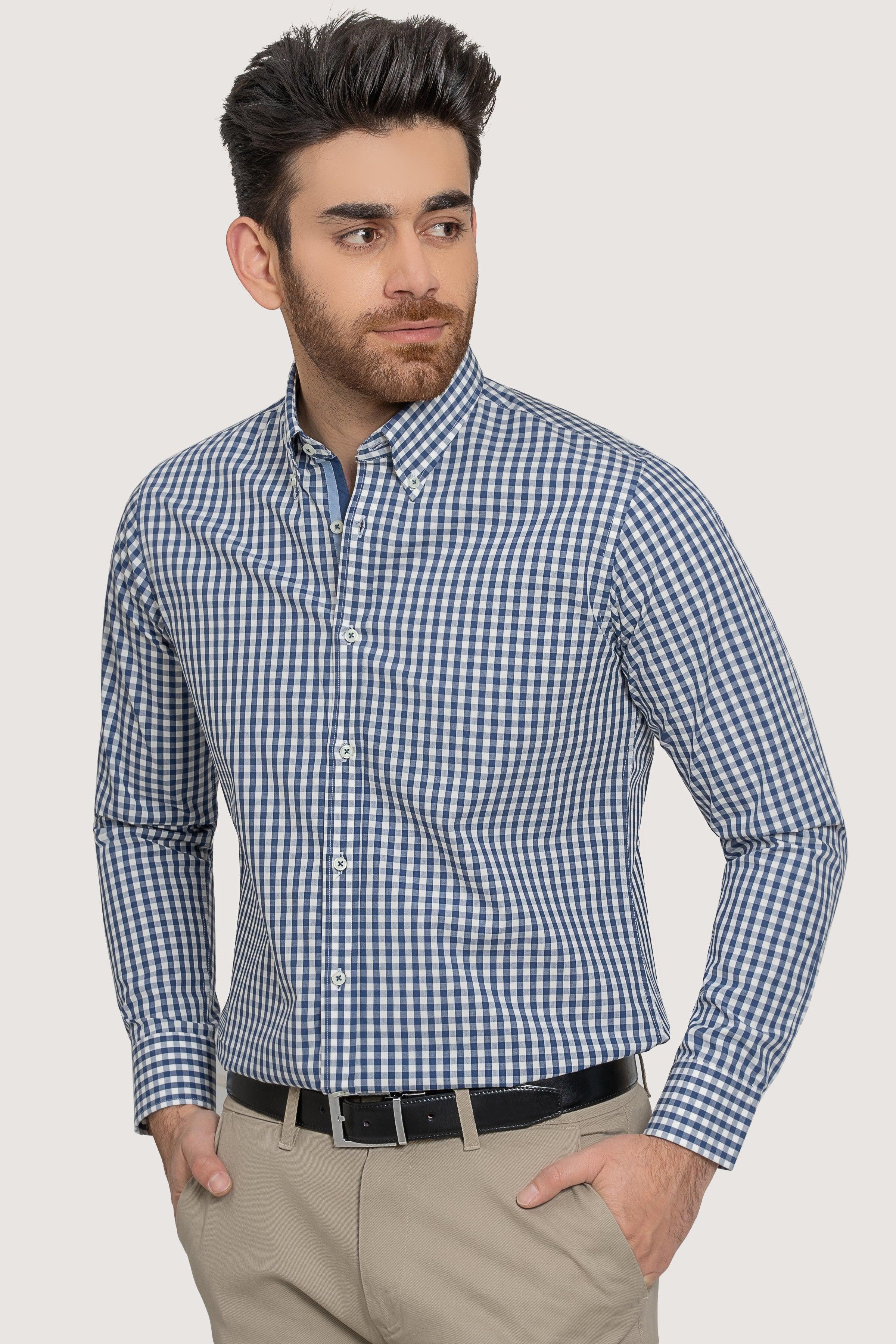 SEMI FORMAL CHAMBRAY BLUE WHITE CHECK at Charcoal Clothing