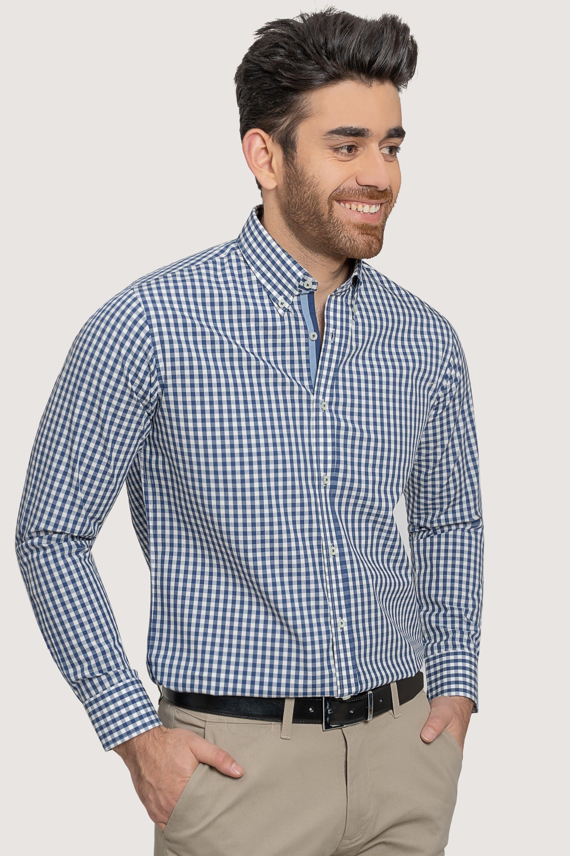 SEMI FORMAL CHAMBRAY BLUE WHITE CHECK at Charcoal Clothing