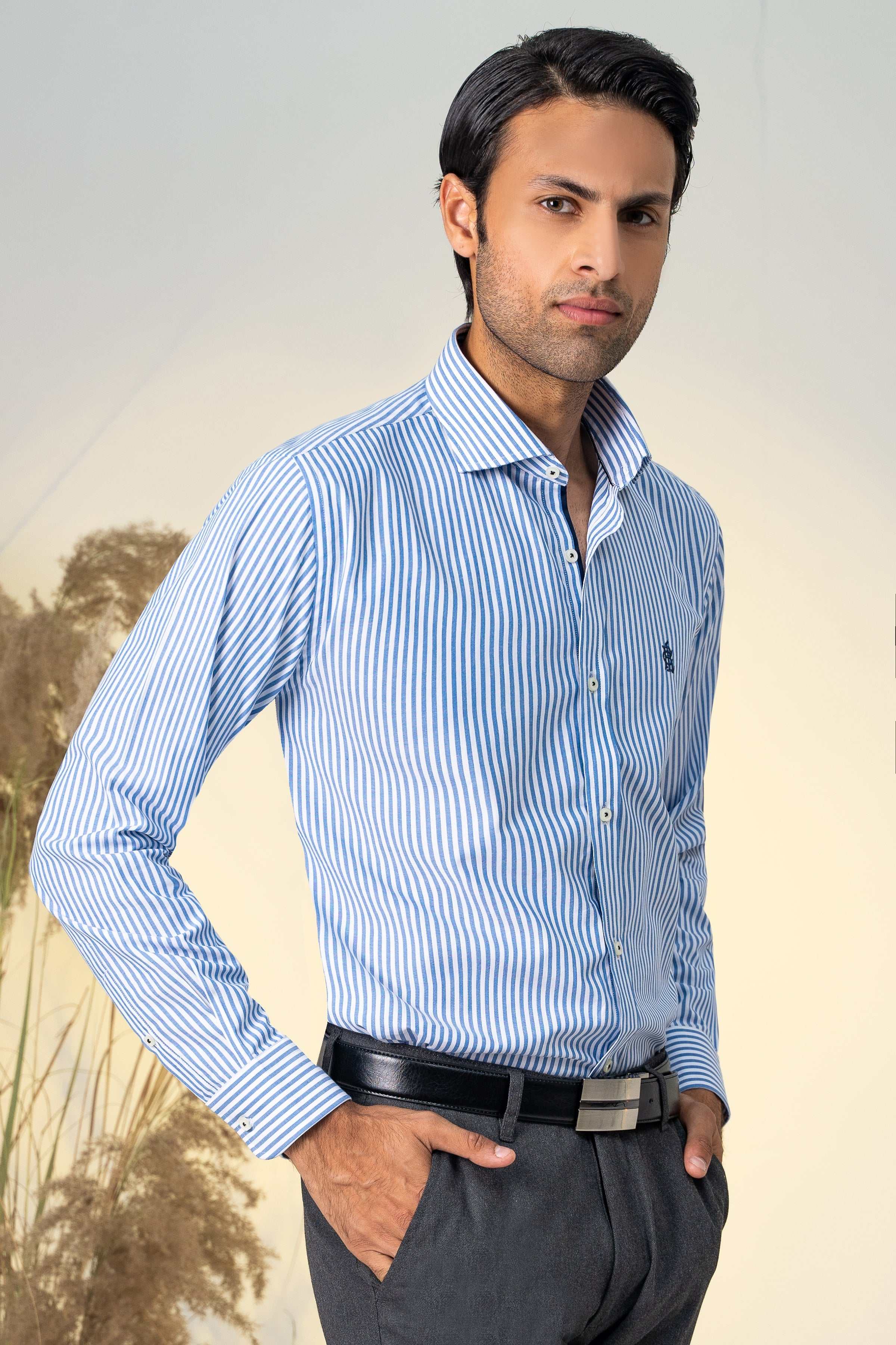 SEMI FORMAL CHAMBRAY BLUE WHITE LINE at Charcoal Clothing