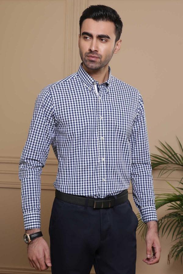 SEMI FORMAL FULL SLEEVE SLIM FIT NAVY WHITE CHECK at Charcoal Clothing