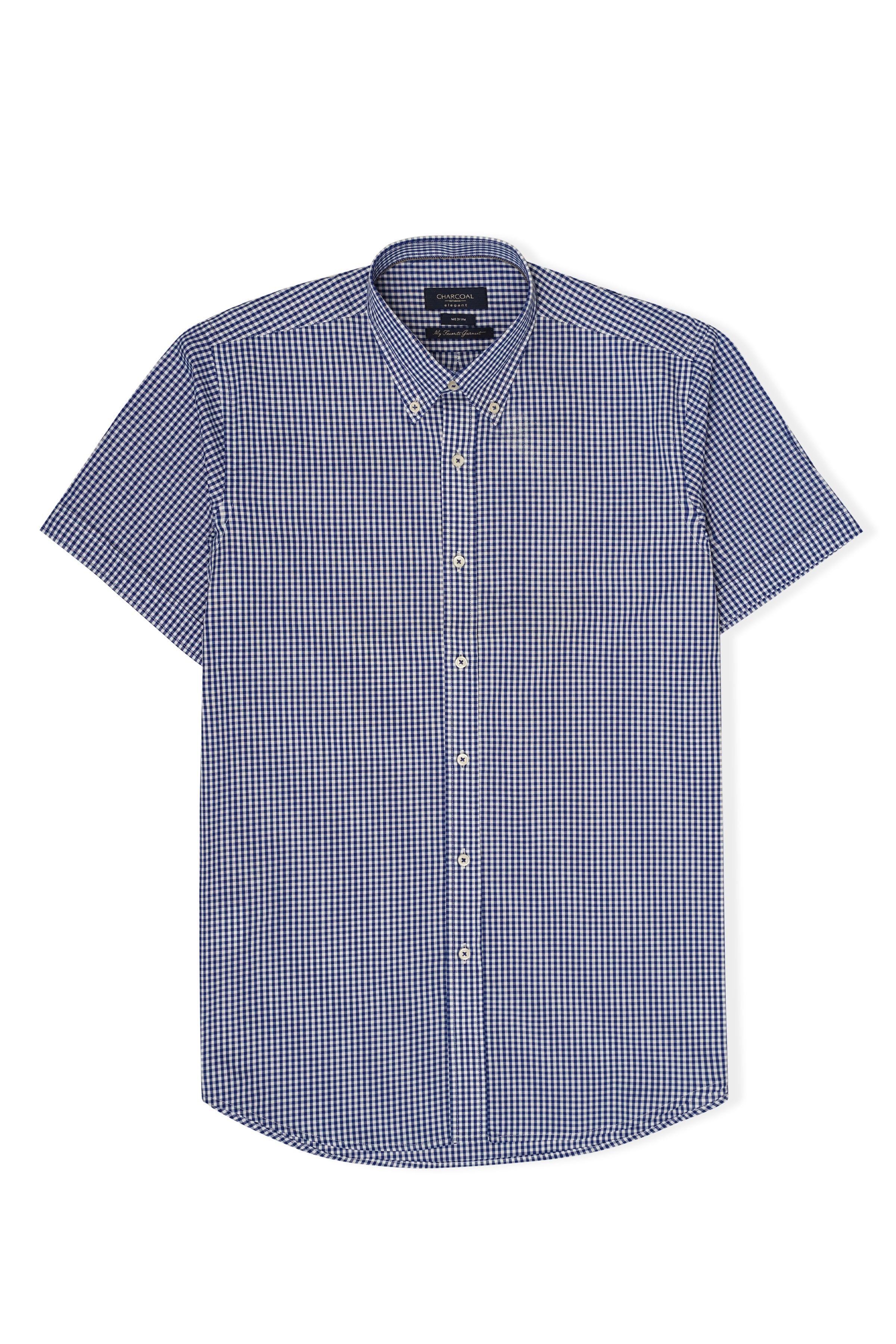 Navy and white check half-sleeve button-up shirt, point collar