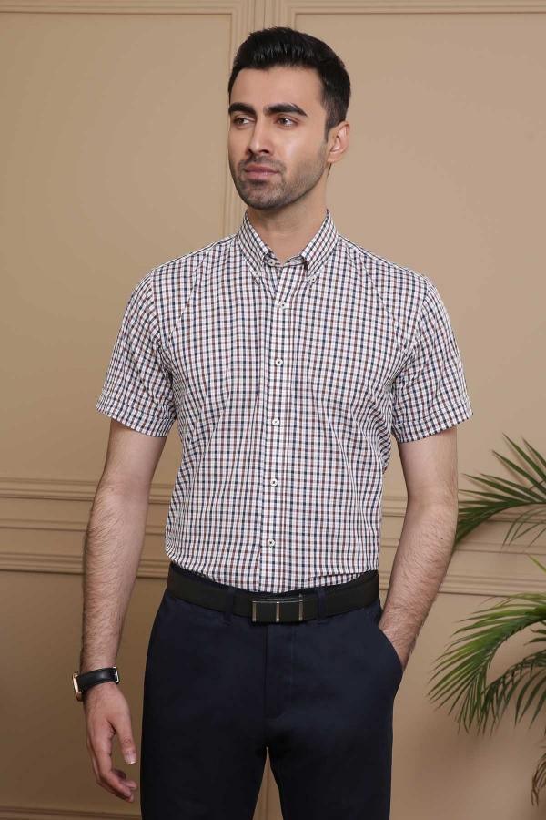 SEMI FORMAL HALF SLEEVE SLIM FIT BLACK BROWN at Charcoal Clothing