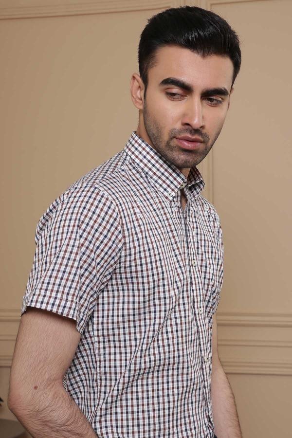 SEMI FORMAL HALF SLEEVE SLIM FIT BLACK BROWN at Charcoal Clothing