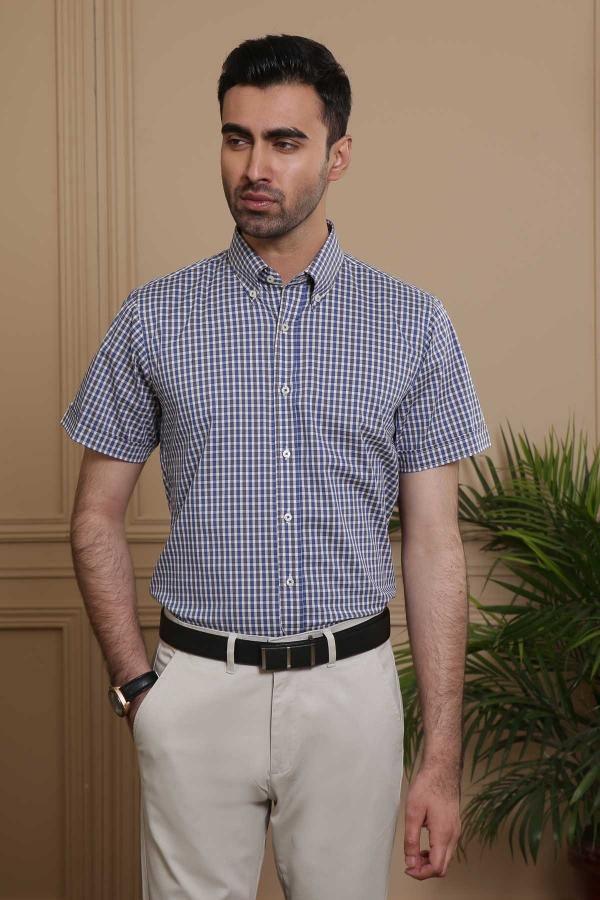 Blue-grey plaid short-sleeve button-up slim-fit shirt