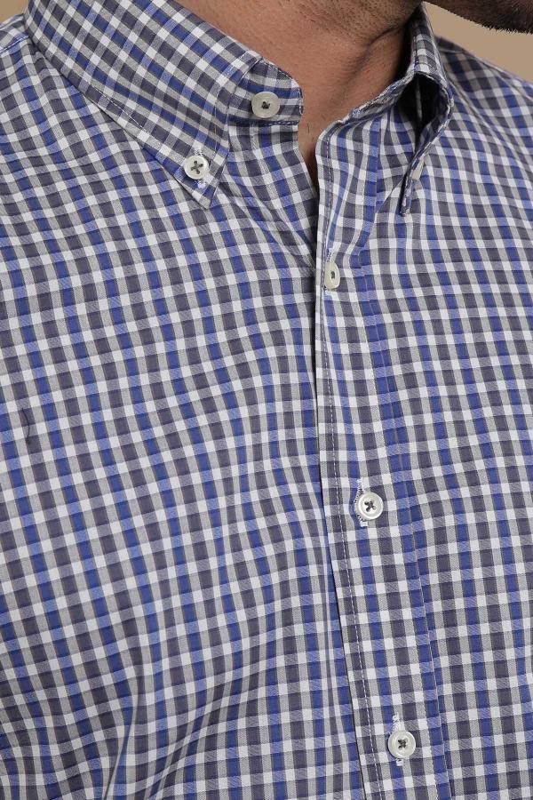 Blue-grey check short-sleeve button-up shirt, button placket and collar
