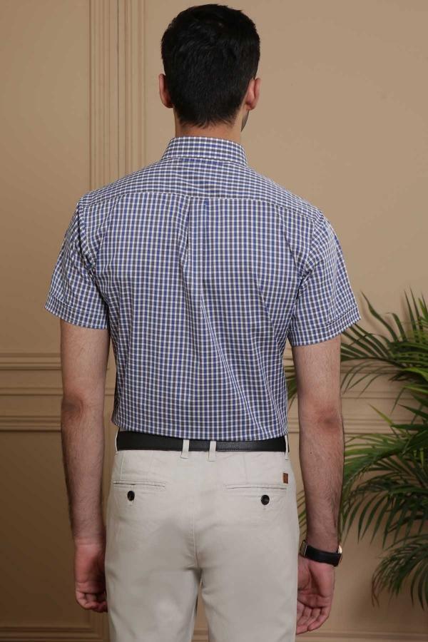 Blue-grey plaid short-sleeve button-up slim-fit shirt, back view