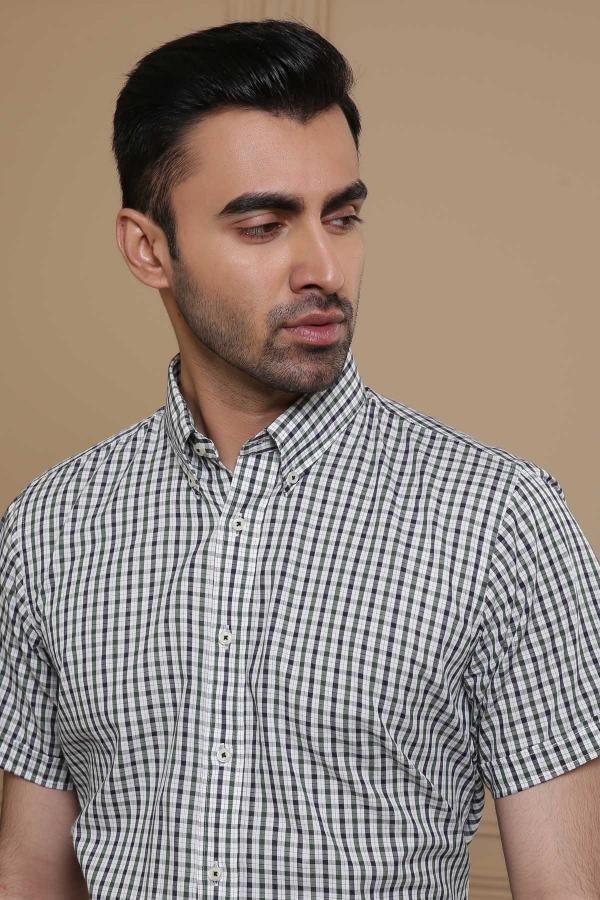 SEMI FORMAL HALF SLEEVE SLIM FIT GREEN BLACK at Charcoal Clothing