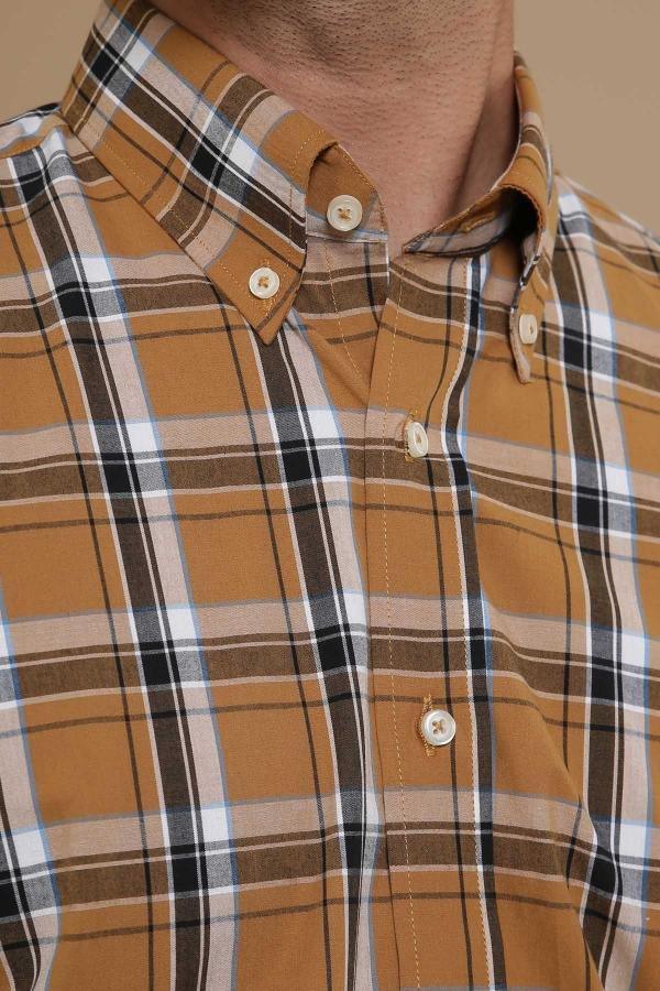 SEMI FORMAL HALF SLEEVE SLIM FIT KHAKI BLACK CHECK at Charcoal Clothing