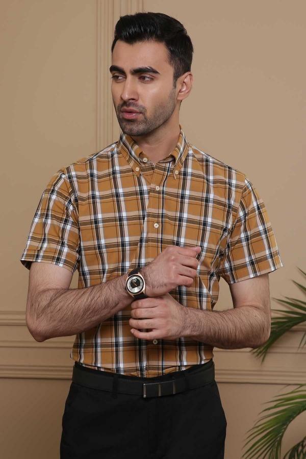 SEMI FORMAL HALF SLEEVE SLIM FIT KHAKI BLACK CHECK at Charcoal Clothing