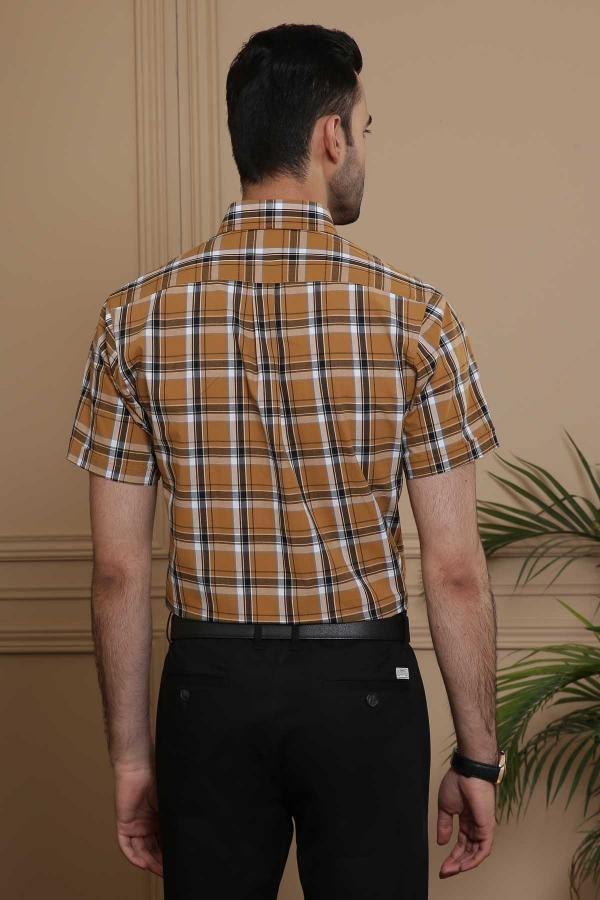 SEMI FORMAL HALF SLEEVE SLIM FIT KHAKI BLACK CHECK at Charcoal Clothing
