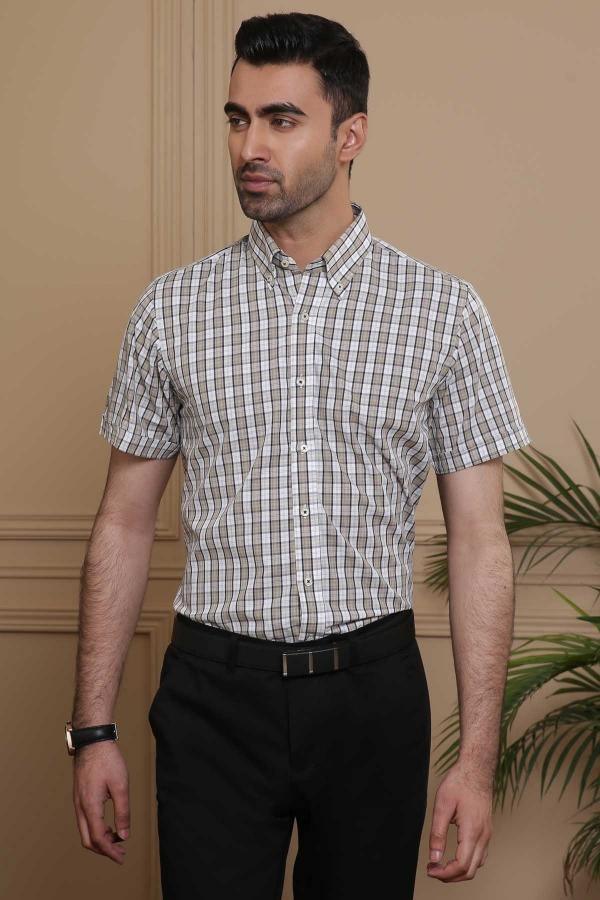 Light green and white checked short-sleeve slim-fit button-up shirt with collar