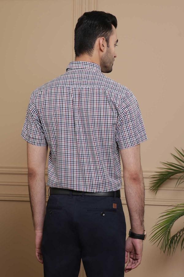 Men's maroon and black check short-sleeve slim-fit button-up shirt, back view