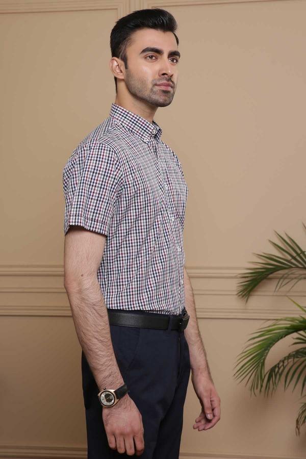 Men's maroon and black check short-sleeve slim-fit button-up shirt, side view