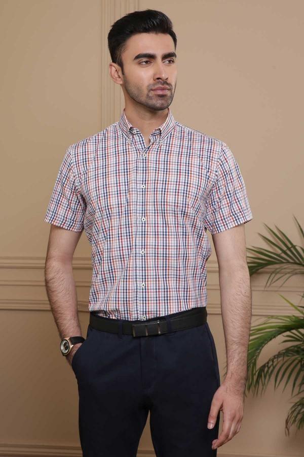 Men's slim-fit short-sleeve check shirt, red blue white