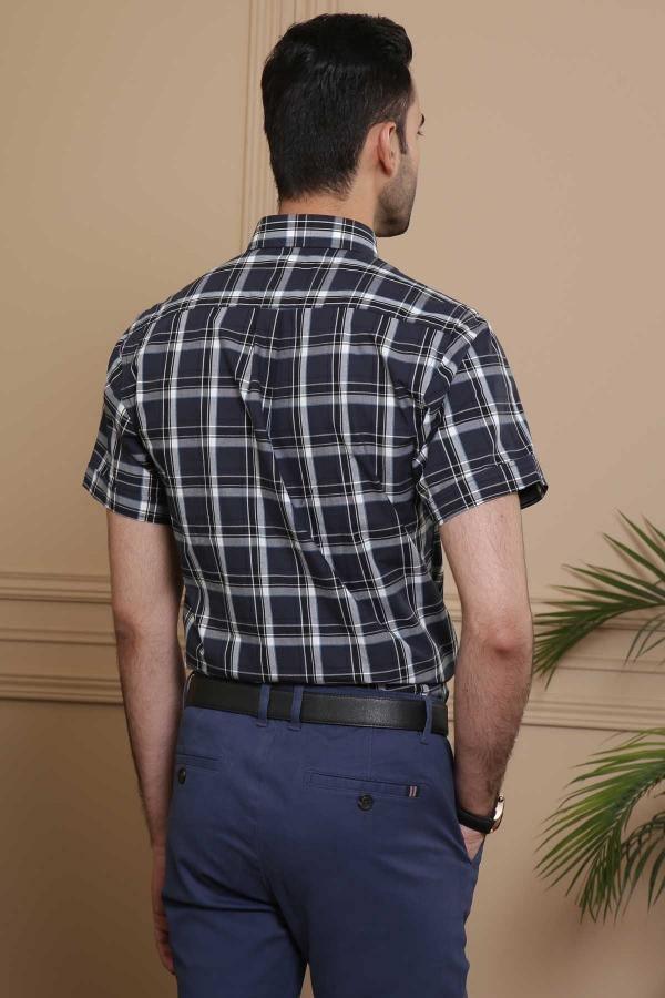 Navy and grey plaid short-sleeve shirt, slim fit, button front, back view