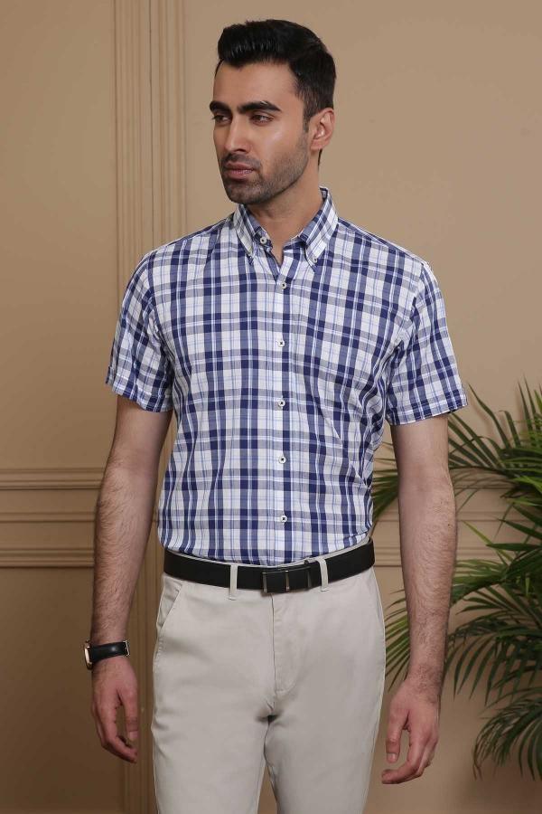 SEMI FORMAL HALF SLEEVE SLIM FIT NAVY GREY at Charcoal Clothing