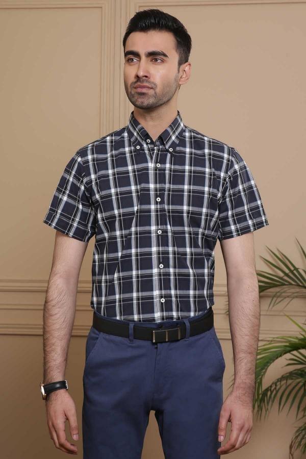 Navy and grey plaid slim-fit short-sleeve shirt with button front and collar