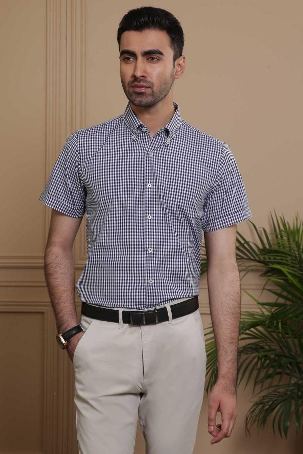 Slim-fit checkered short-sleeve button-down shirt, navy and white
