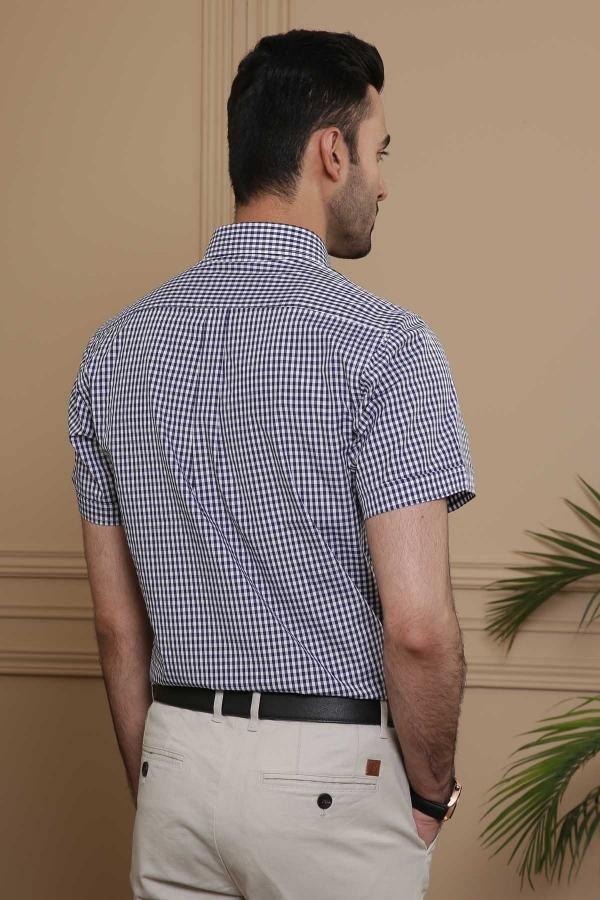 Back view slim-fit checkered short-sleeve shirt, navy and white