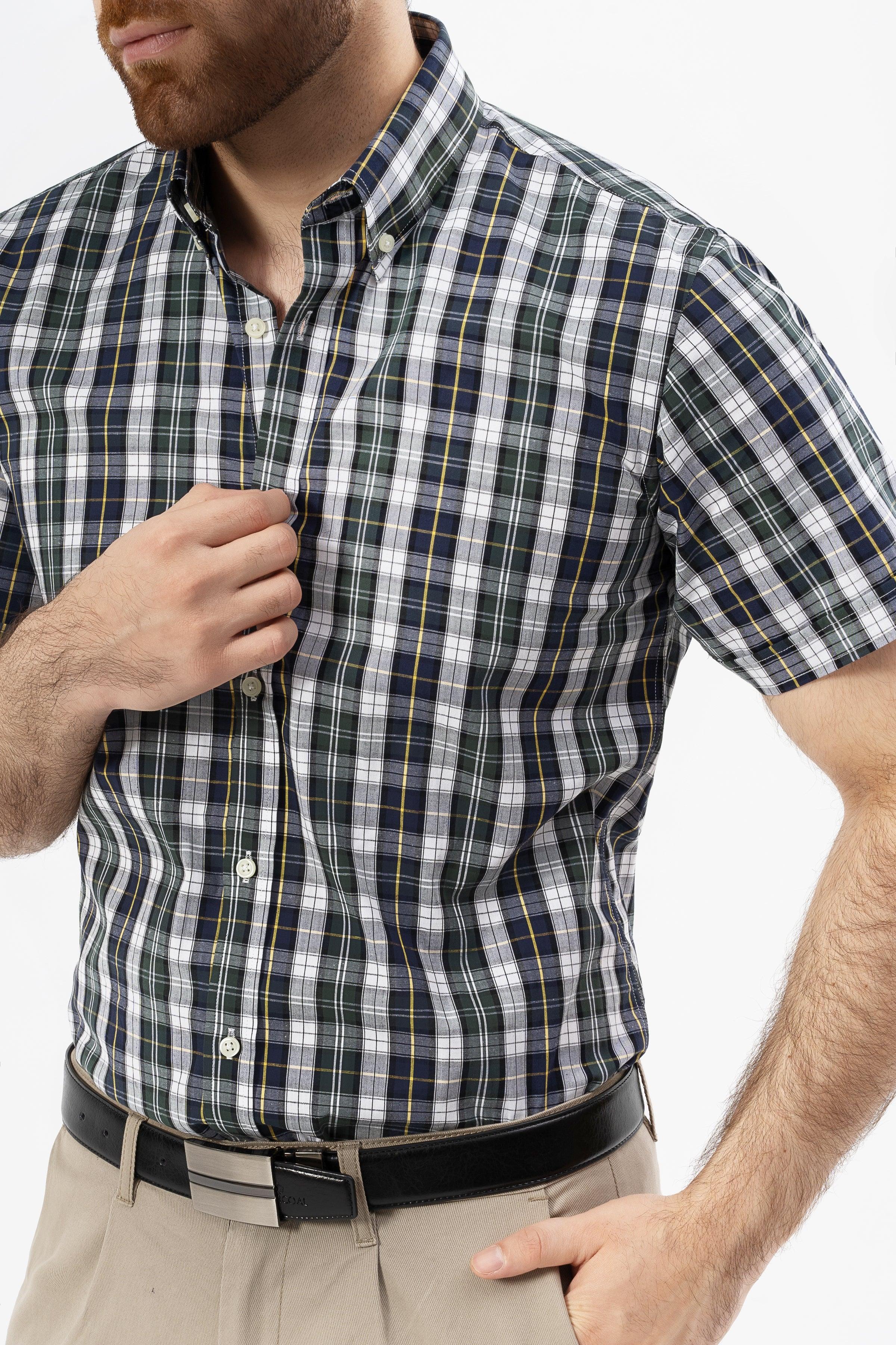 Plaid short-sleeve button-up shirt with open collar and front buttons