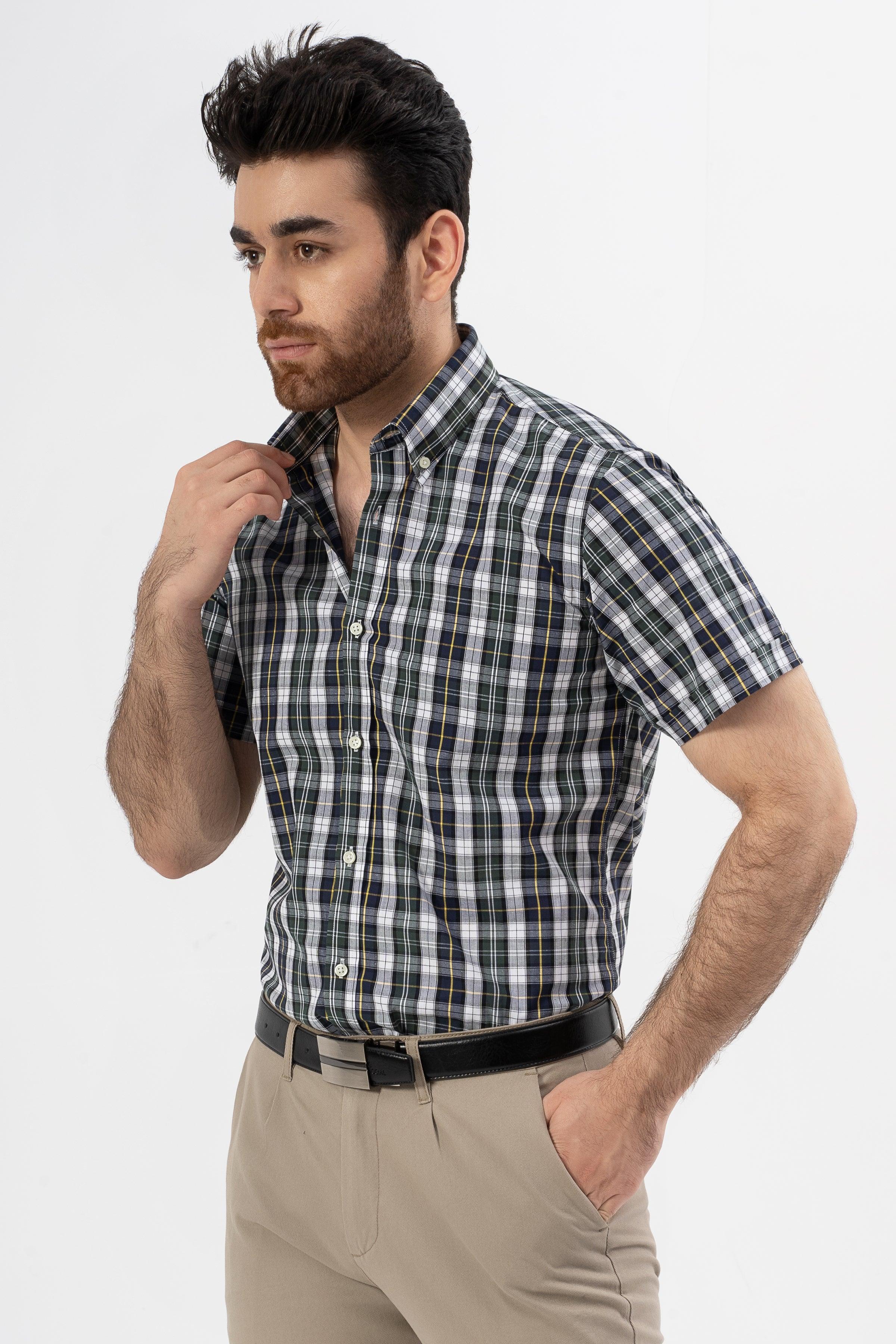 Green check short-sleeve button-up shirt with plaid pattern