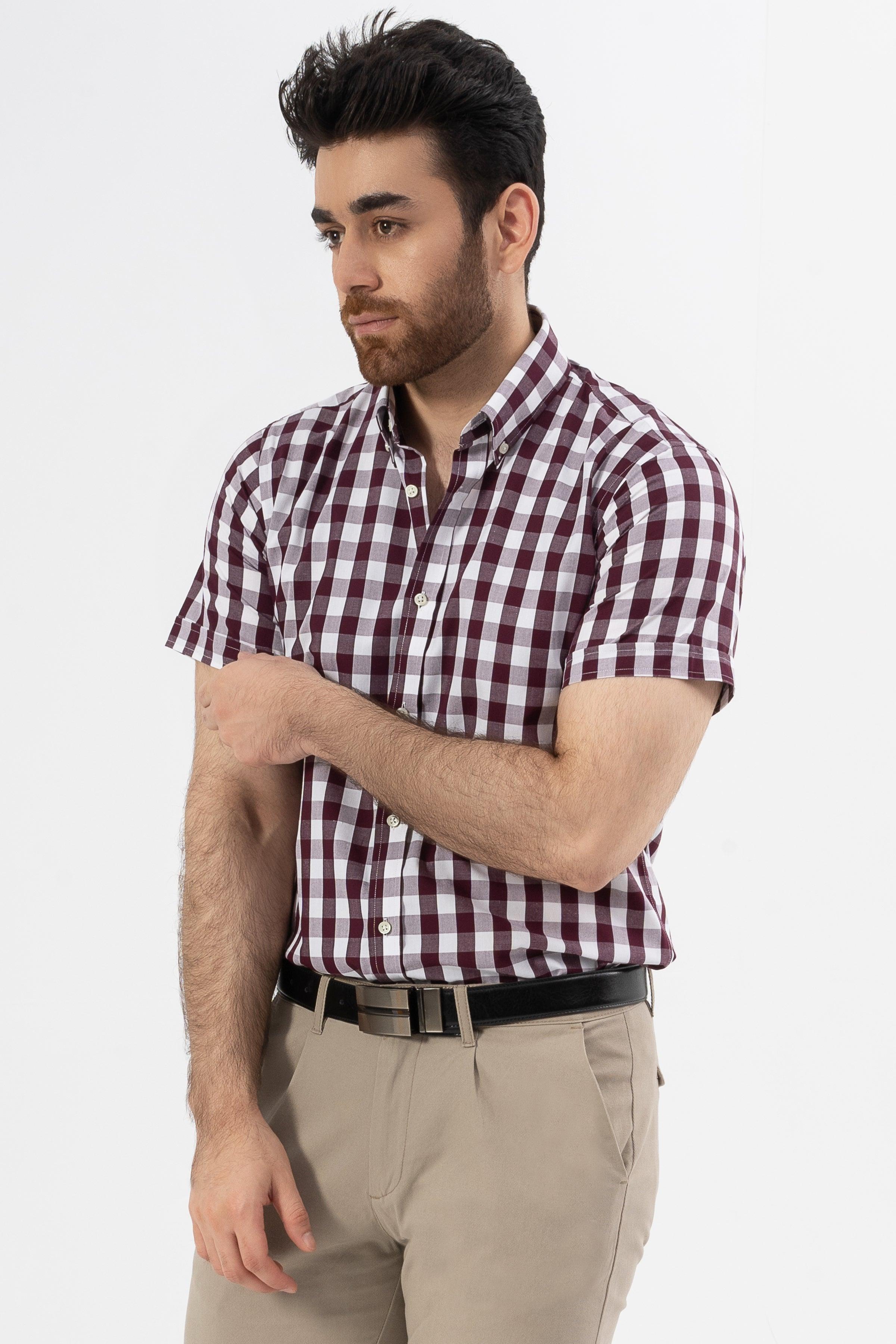 SEMI FORMAL HALF SLEEVES SHIRT MAROON CHECK at Charcoal Clothing