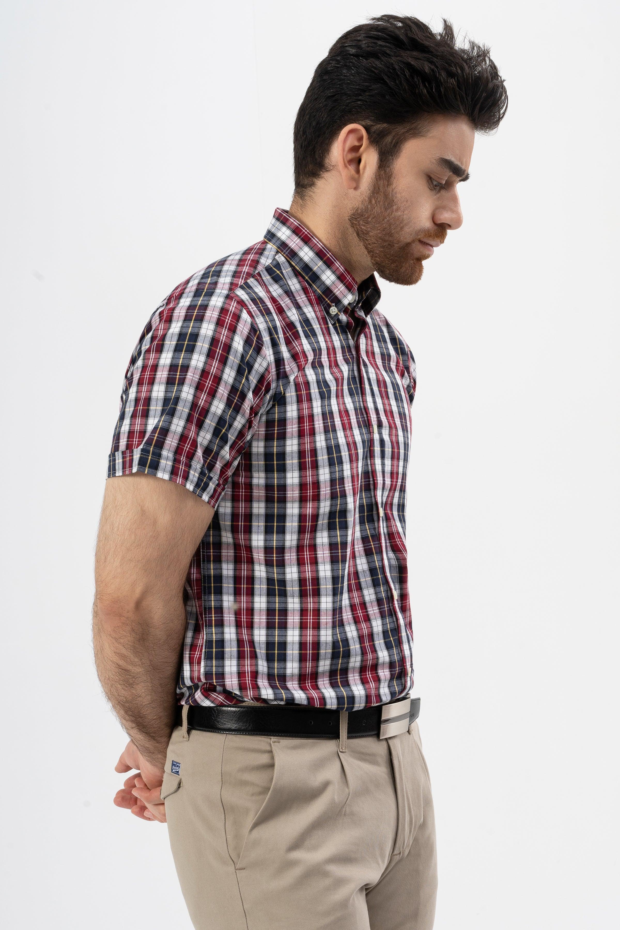 SEMI FORMAL HALF SLEEVES SHIRT MAROON CHECK at Charcoal Clothing