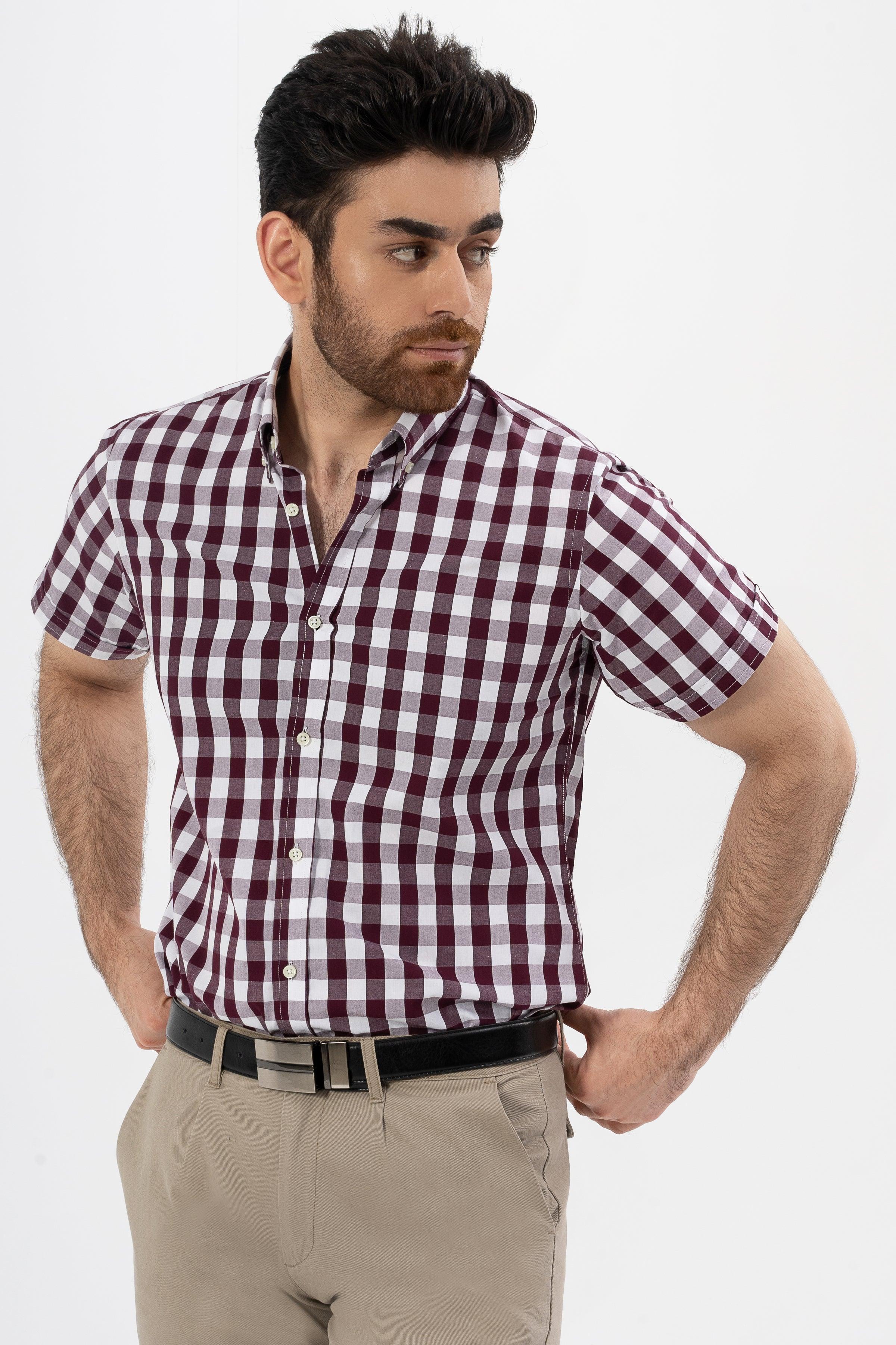 SEMI FORMAL HALF SLEEVES SHIRT MAROON CHECK at Charcoal Clothing