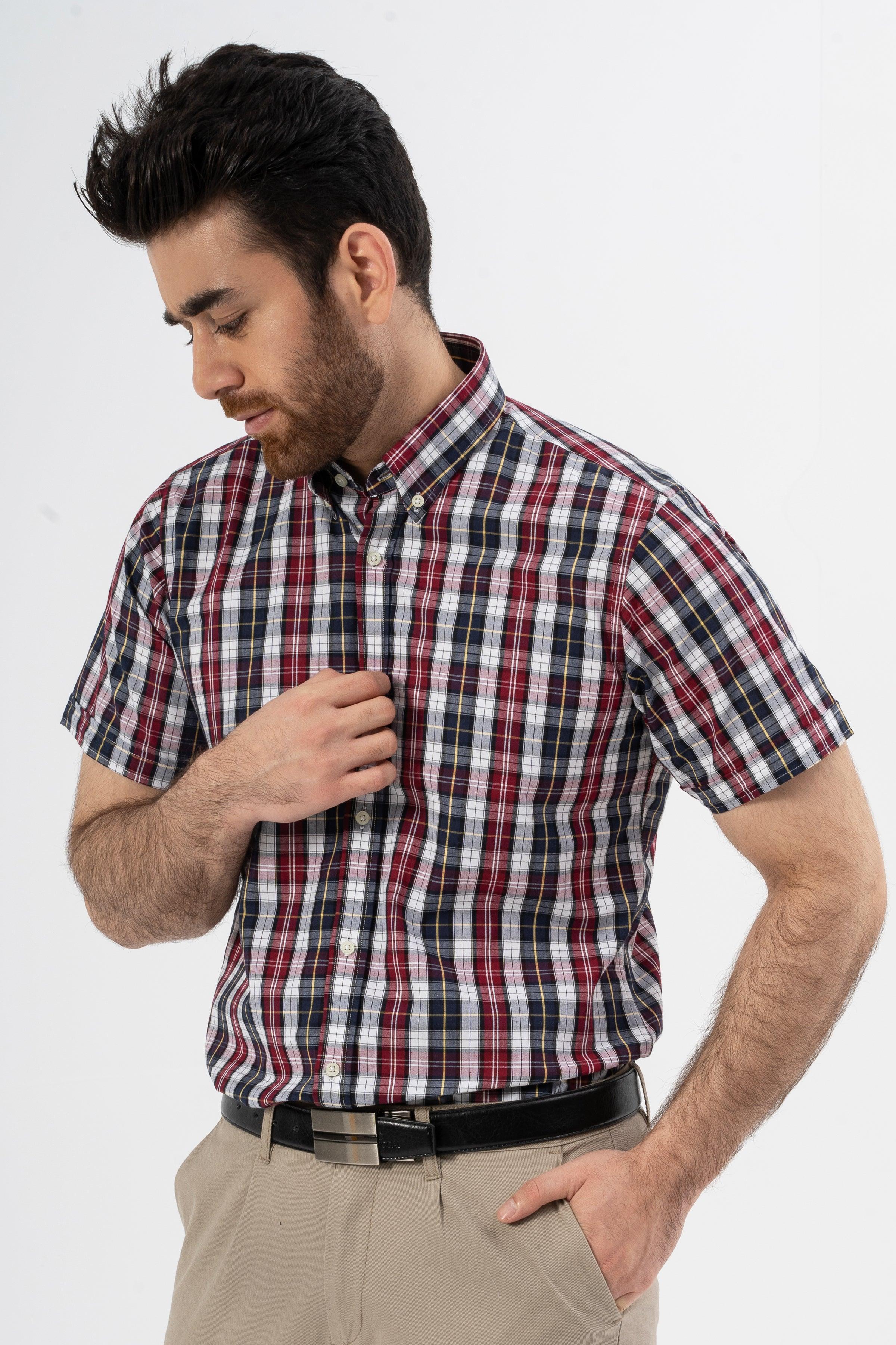 SEMI FORMAL HALF SLEEVES SHIRT MAROON CHECK at Charcoal Clothing