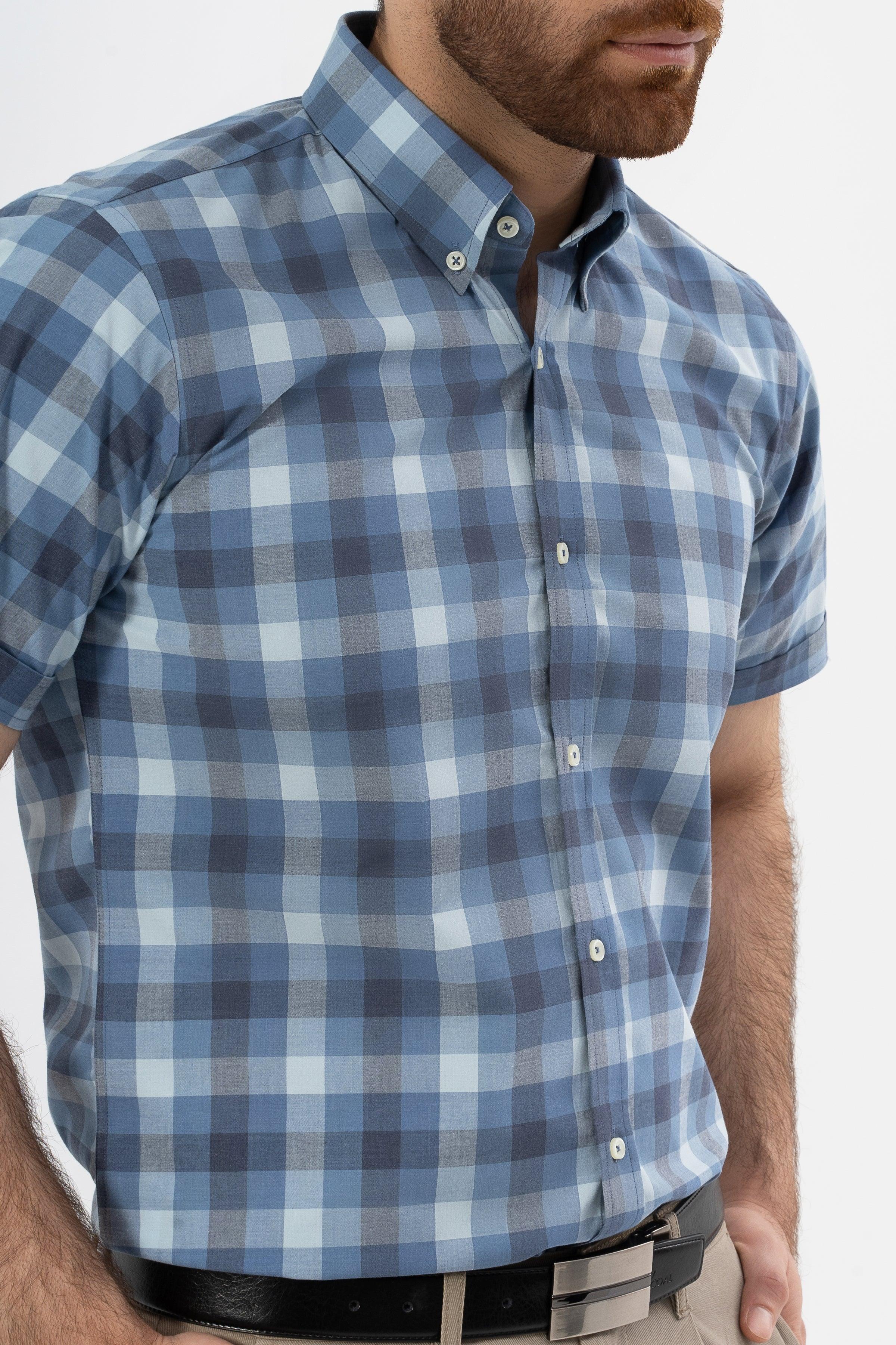 Men's check half-sleeve shirt close-up, button placket and collar