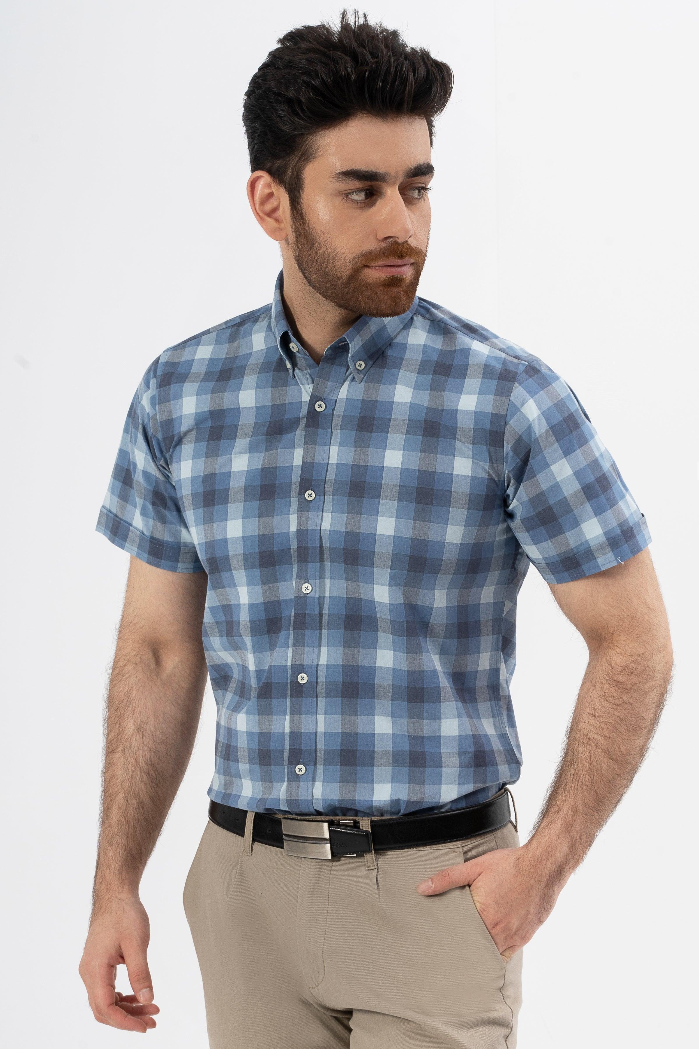 Men's sky blue check half-sleeve shirt with button-down collar